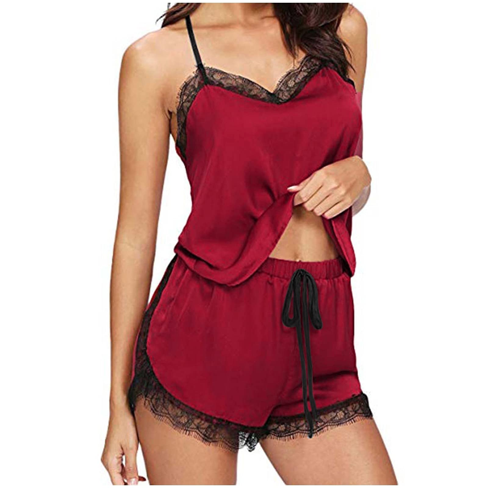 Plus Size Purple Lingerie Set - Satin Lace Cami & Shorts for Sleepwear & Lounge