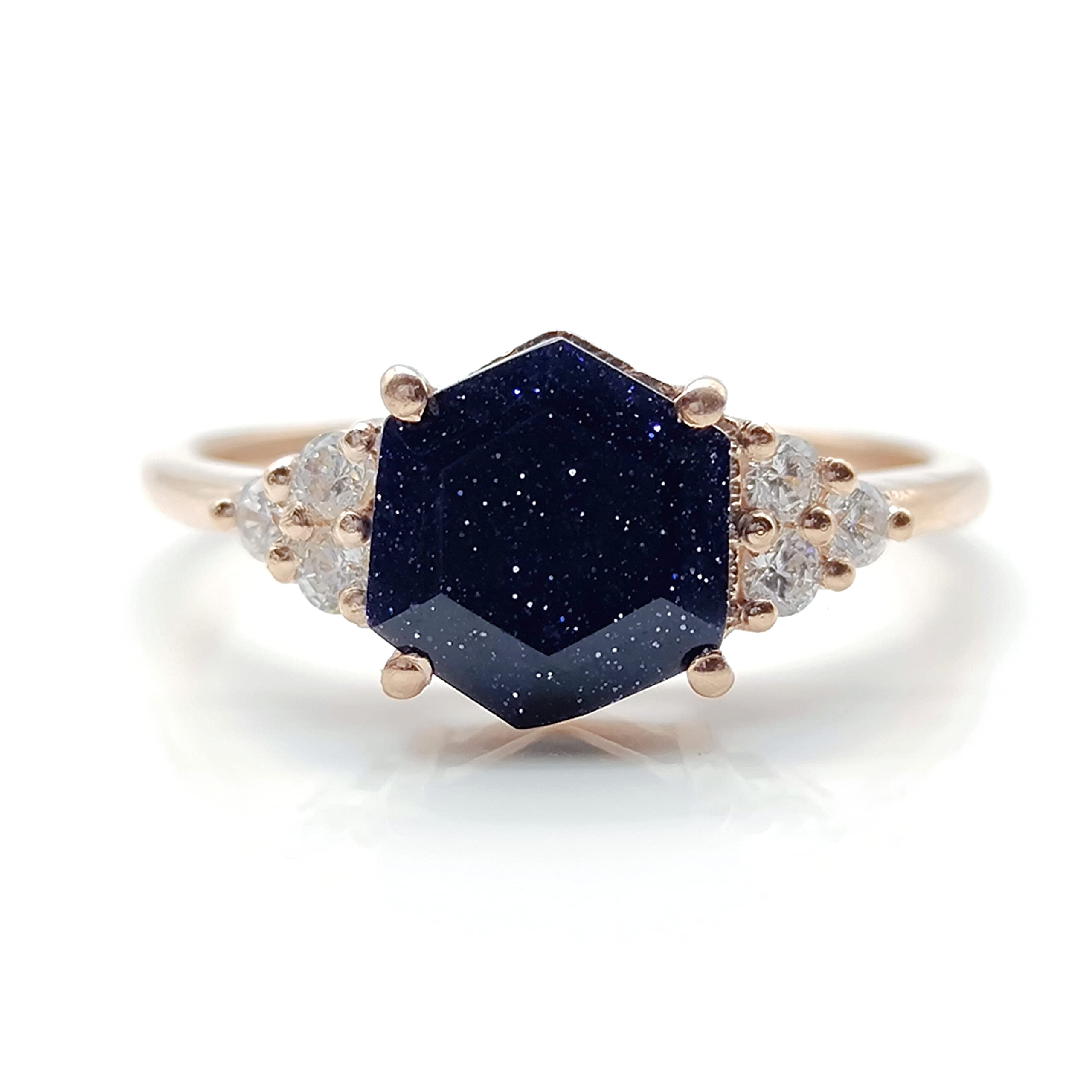 Hexagon Cut Sandstone Ring - 925 Sterling Silver Vintage Cluster Ring for Women, Unique Handmade Jewelry Gift (Blue, Rose Gold, White) | Perfect for Weddings, Anniversaries & Boho Fashion