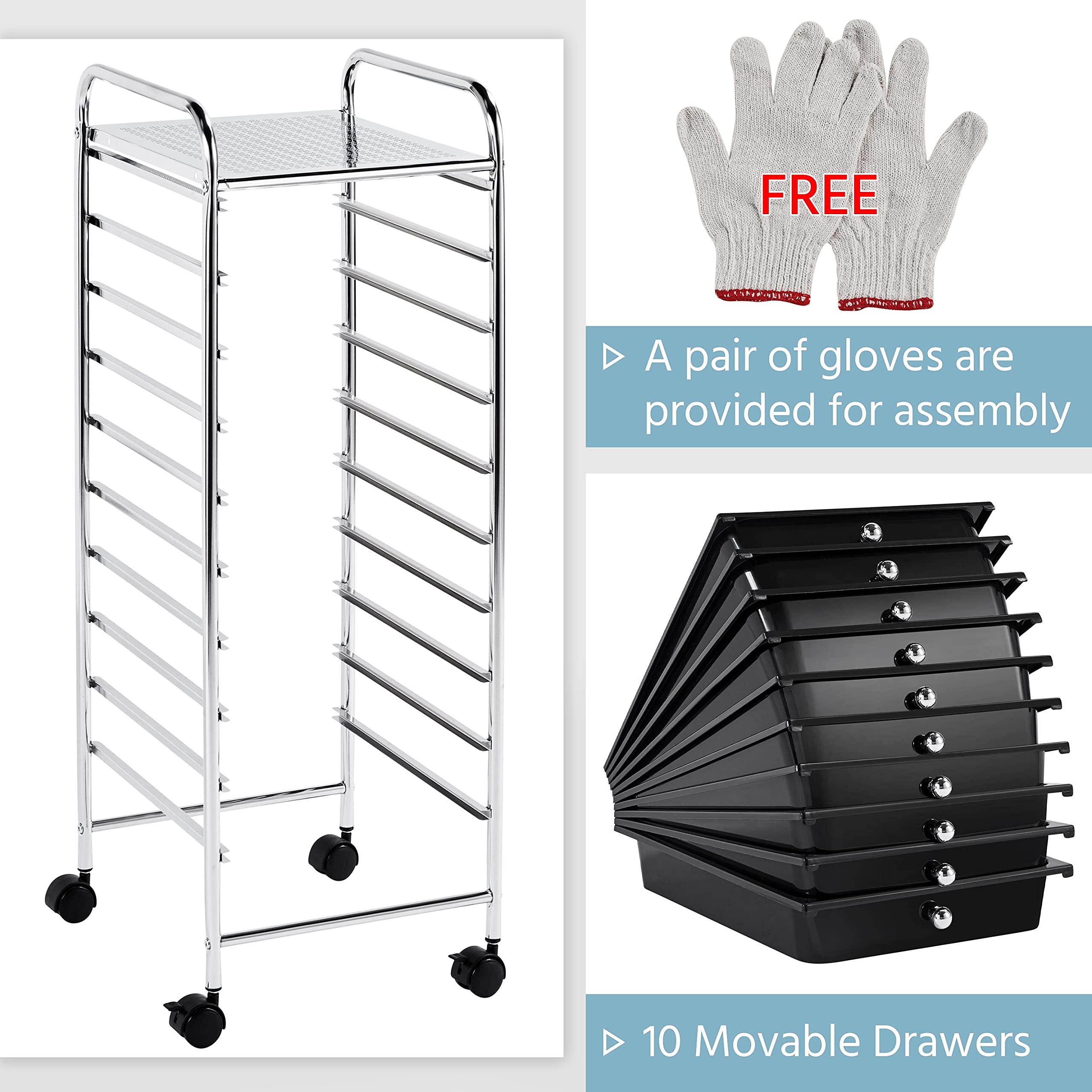 Yaheetech 10-Drawer Rolling Cart Organizer - Black | Art & Craft Storage for Home & Office