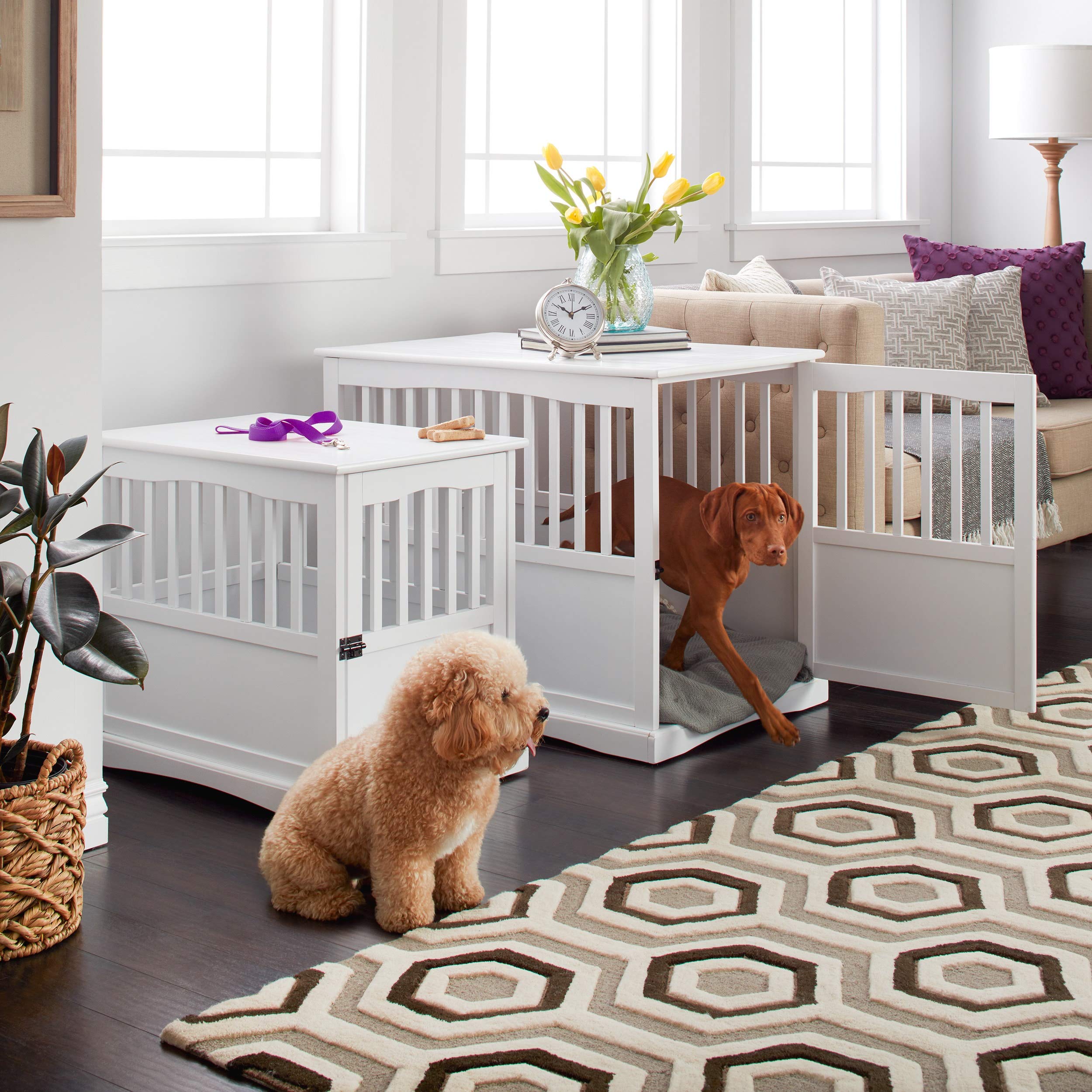 Modern White Wood Dog Crate Table - Decorative Kennel End Table with Hidden Enclosure | Durable Indoor Pet Furniture for Living Room, Bedroom & Office Decor