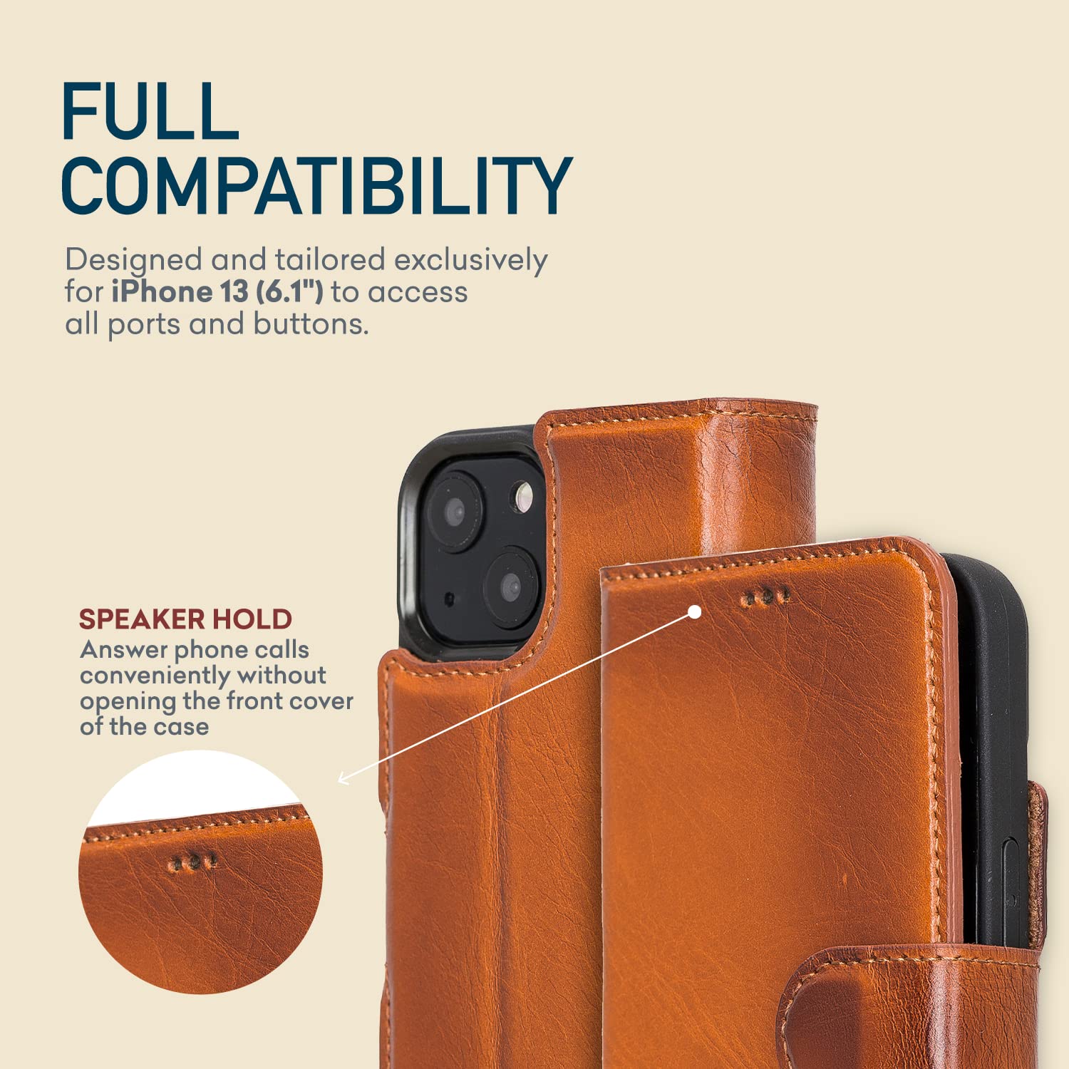 Bayelon iPhone 13 Leather Wallet Case - Premium Full Grain Leather Magnetic Detachable 2-in-1 Flip Cover with Card Slots & Kickstand | Compatible with Apple MagSafe (Rustic Tan) | Perfect for Business Travel, Daily Commute & Hands-Free Viewing