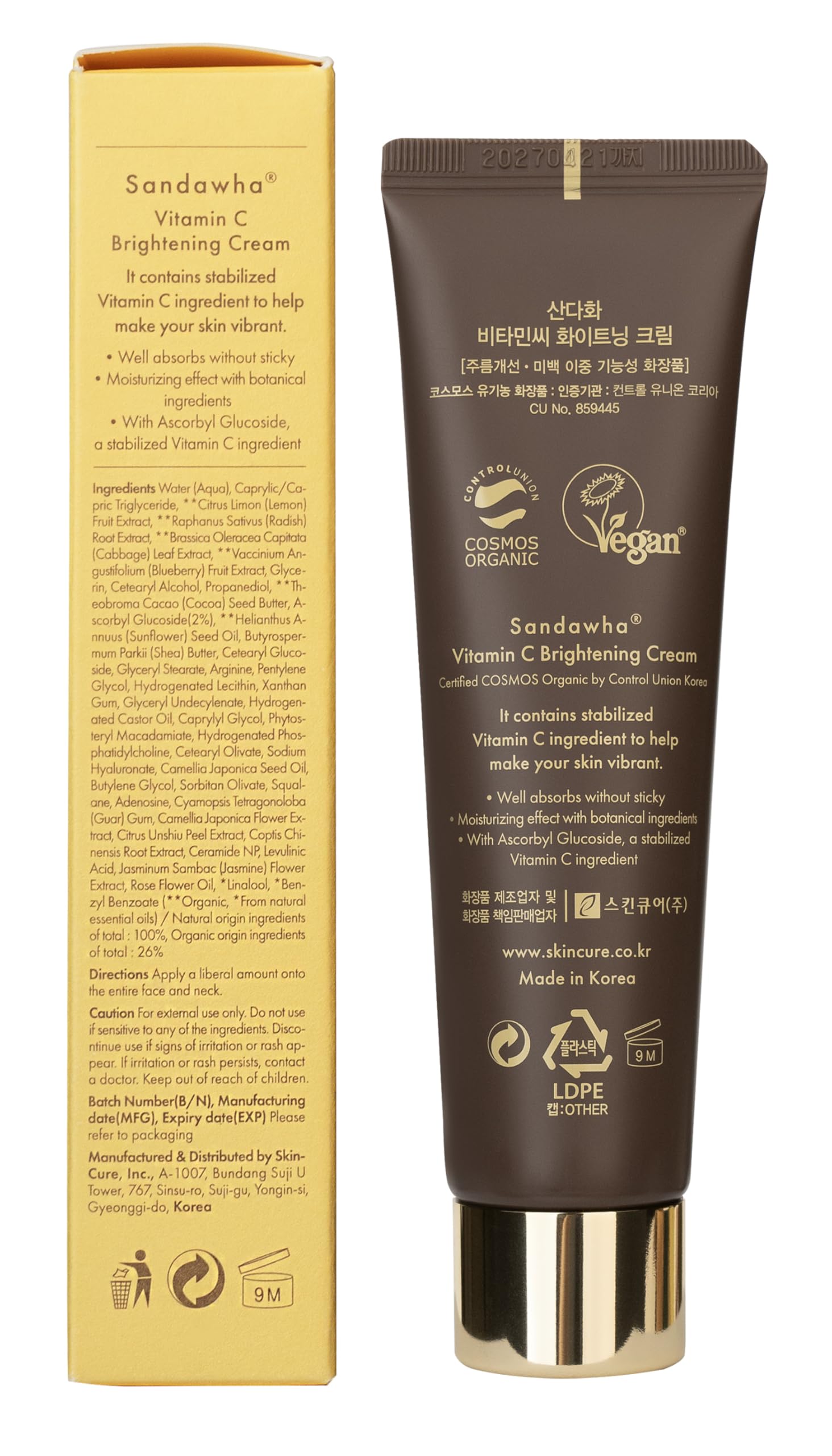 SKINCURE Vitamin C Face Cream - Vegan Korean Moisturizer with 2% Ascorbyl Glucoside for Radiant Glow & Anti-Aging - Hypoallergenic Hydration Cream, Cruelty Free, 2.03 oz - Perfect for Daily Skincare Routine & Nighttime Revitalization