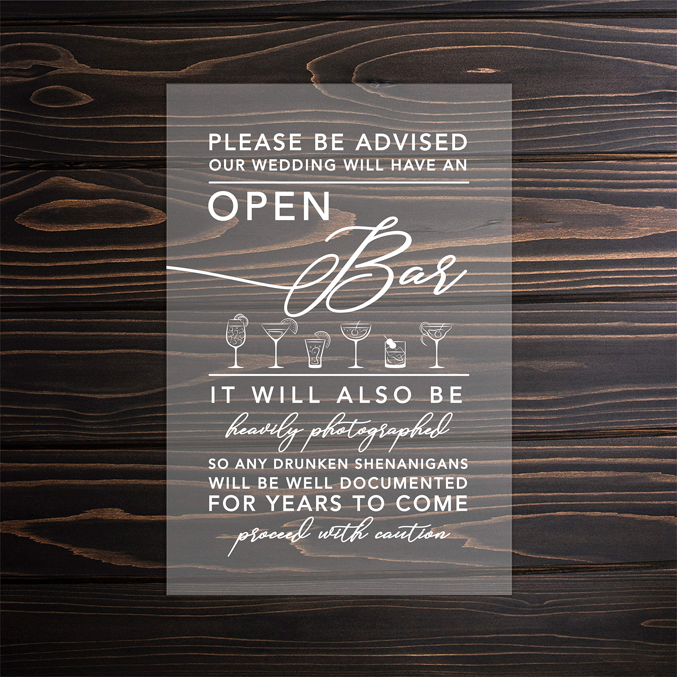 Please Be Advised Open Bar Acrylic Sign - 7.5 x 11 Inch with Stand - Perfect for Weddings, Bridal Showers, Bachelorette Parties, Engagements, Birthdays & Graduations - Great for Home Bars, Bar Carts & Party Backdrops - Ideal for Holiday Celebrations & Special Events