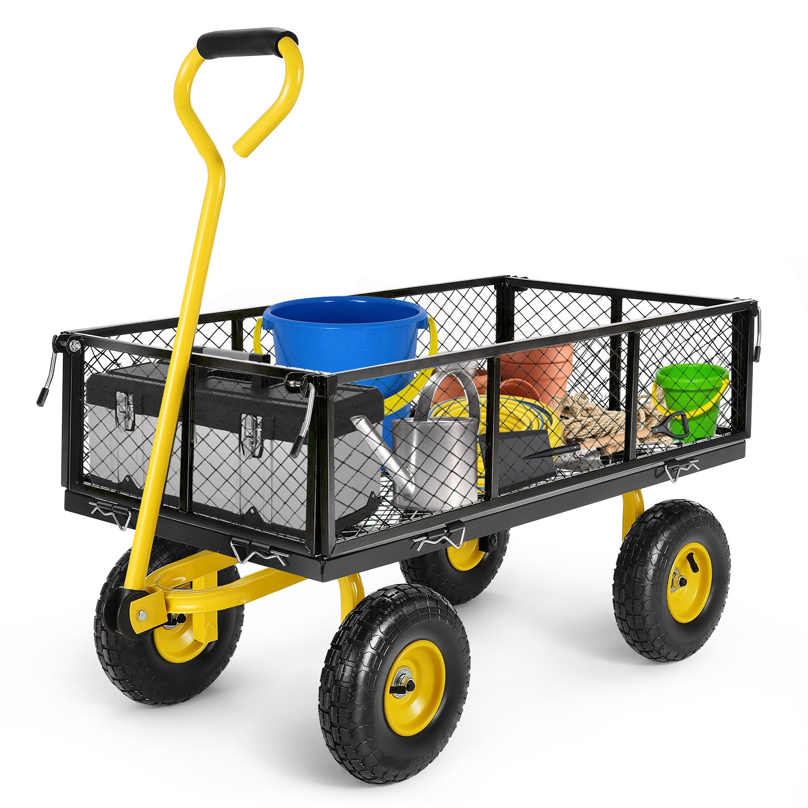 Homdox MAX 660LB Heavy Duty Foldable Garden Cart - 180° Rotating Handle Pullable Wagon with Mesh Sides | Collapsible Yard Utility Cart for Gardening, Beach, Farm & Outdoor Use | Yellow