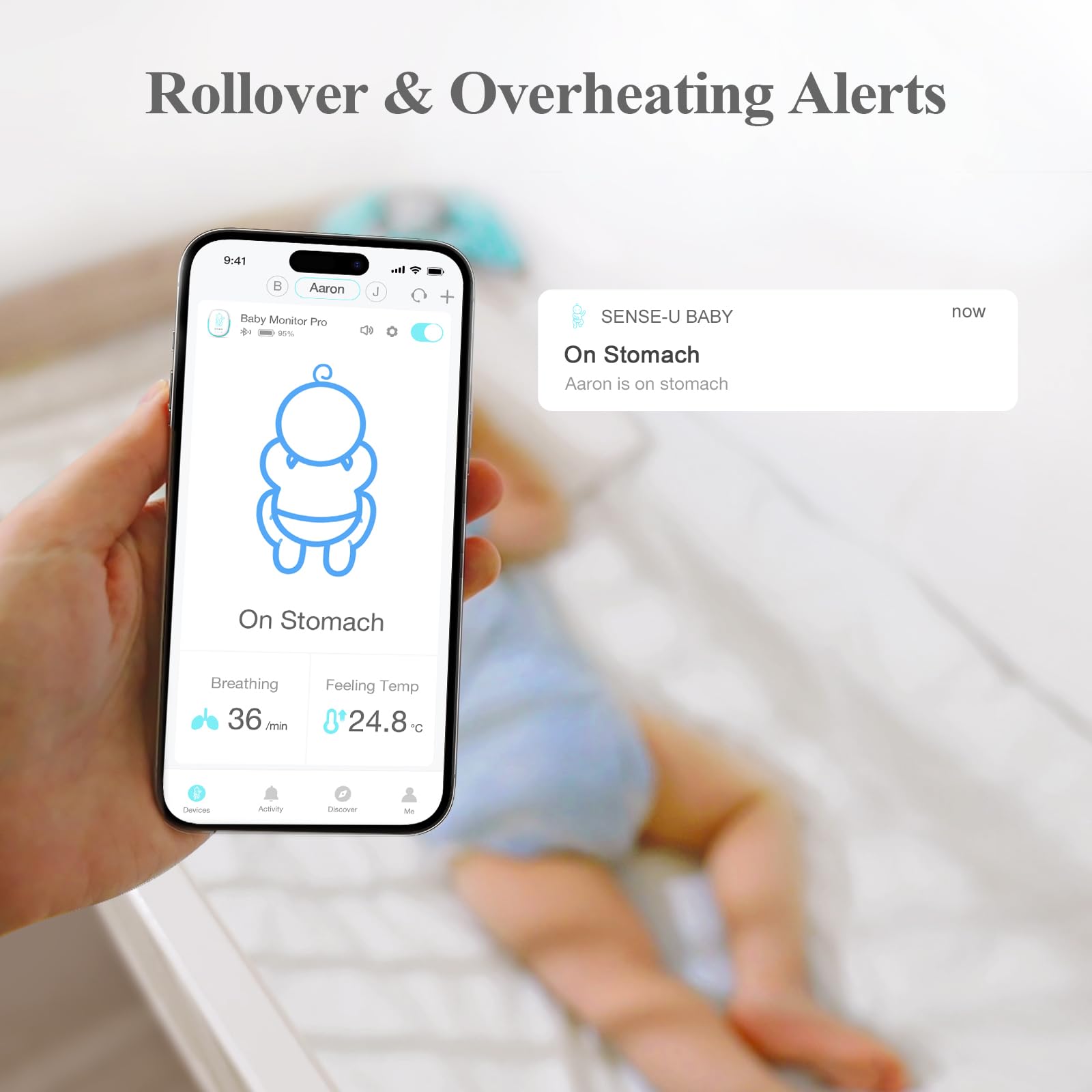 Sense-U Smart Baby Monitor Pro with Vibration & App Alerts – Tracks Breathing, Rollover & Temperature – Wearable Sleep Tracker for Infants (Blue) | Ideal for Newborns, SIDS Prevention & Peace of Mind Parenting