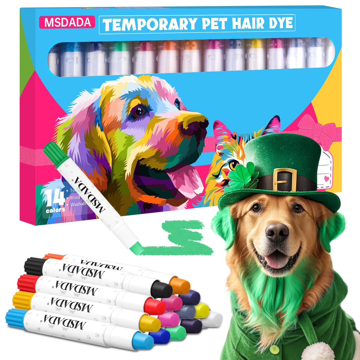 14 Color Washable & Non-Toxic Dog Hair Dye Kit - Safe Temporary Pet Fur Markers for Small to Large Dogs | Fun Birthday & St. Patrick's Day Gifts for Dog Lovers | Perfect for Pet Parties, Costume Events & Creative Pet Styling