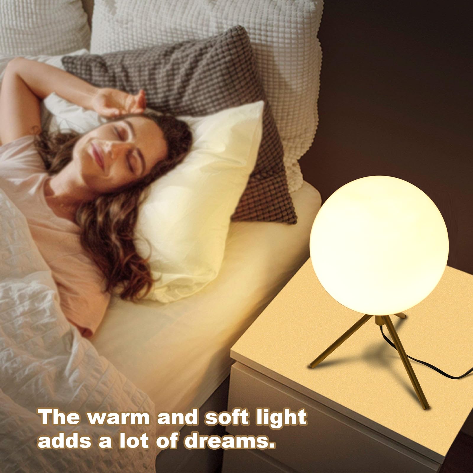 Gold Tripod Table Lamp with Milky Glass Globe - 14.2 Inch Plug-in Corded Bedside Lamp for Bedroom, Living Room, Study & Office - Elegant Nightstand Lighting for Reading & Home Decor