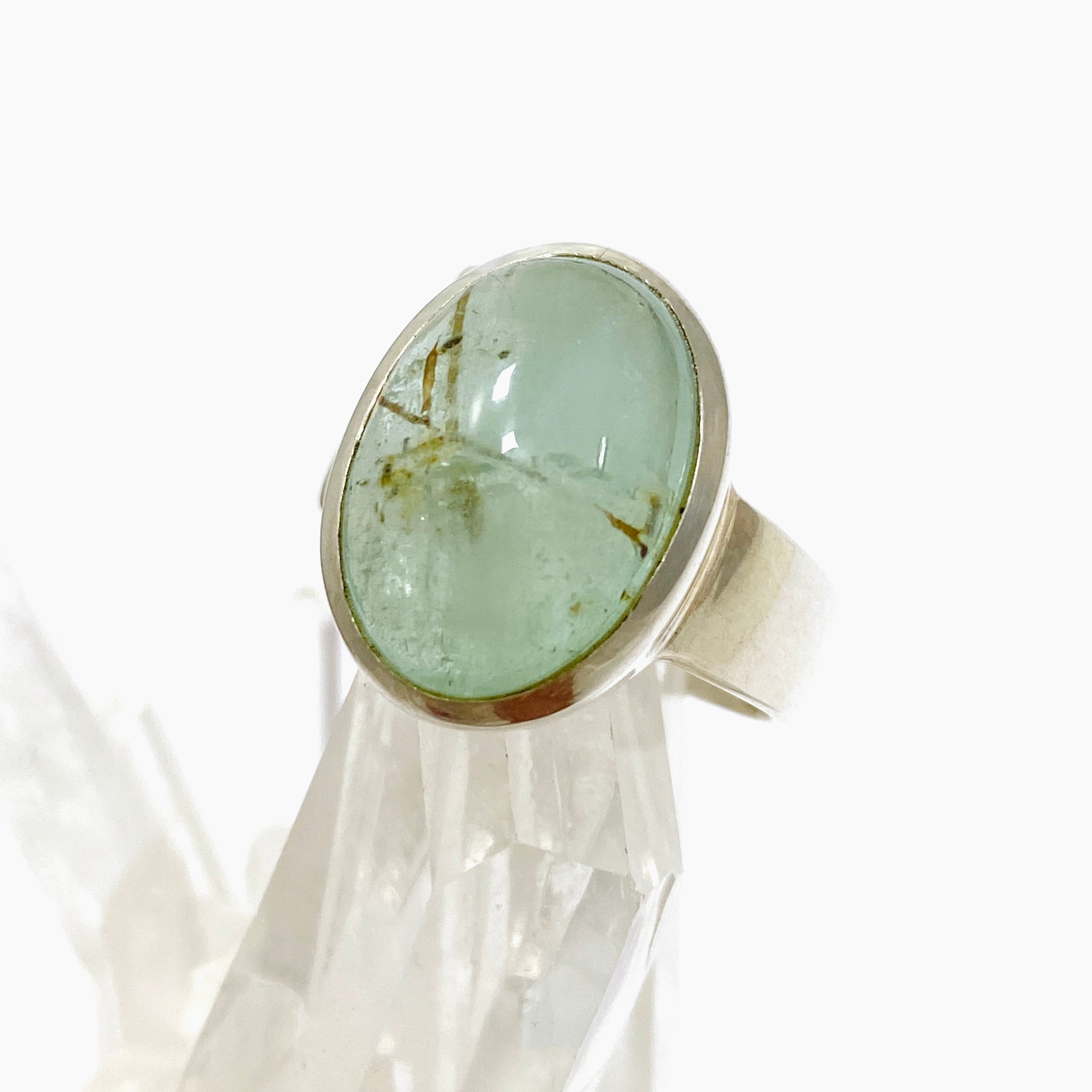 Emerald and Rutile Oval Cabochon Ring - Size 8.5 - Handmade Sterling Silver Jewelry - Perfect for Wedding, Anniversary & Special Occasion Gifts