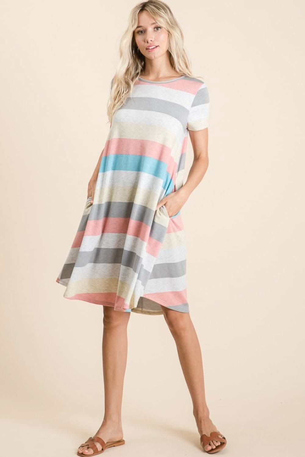 BOMBOM Women's Striped Short Sleeve Summer Dress with Pockets - Casual Flowy Comfortable Dress for Beach, Vacation & Everyday Wear