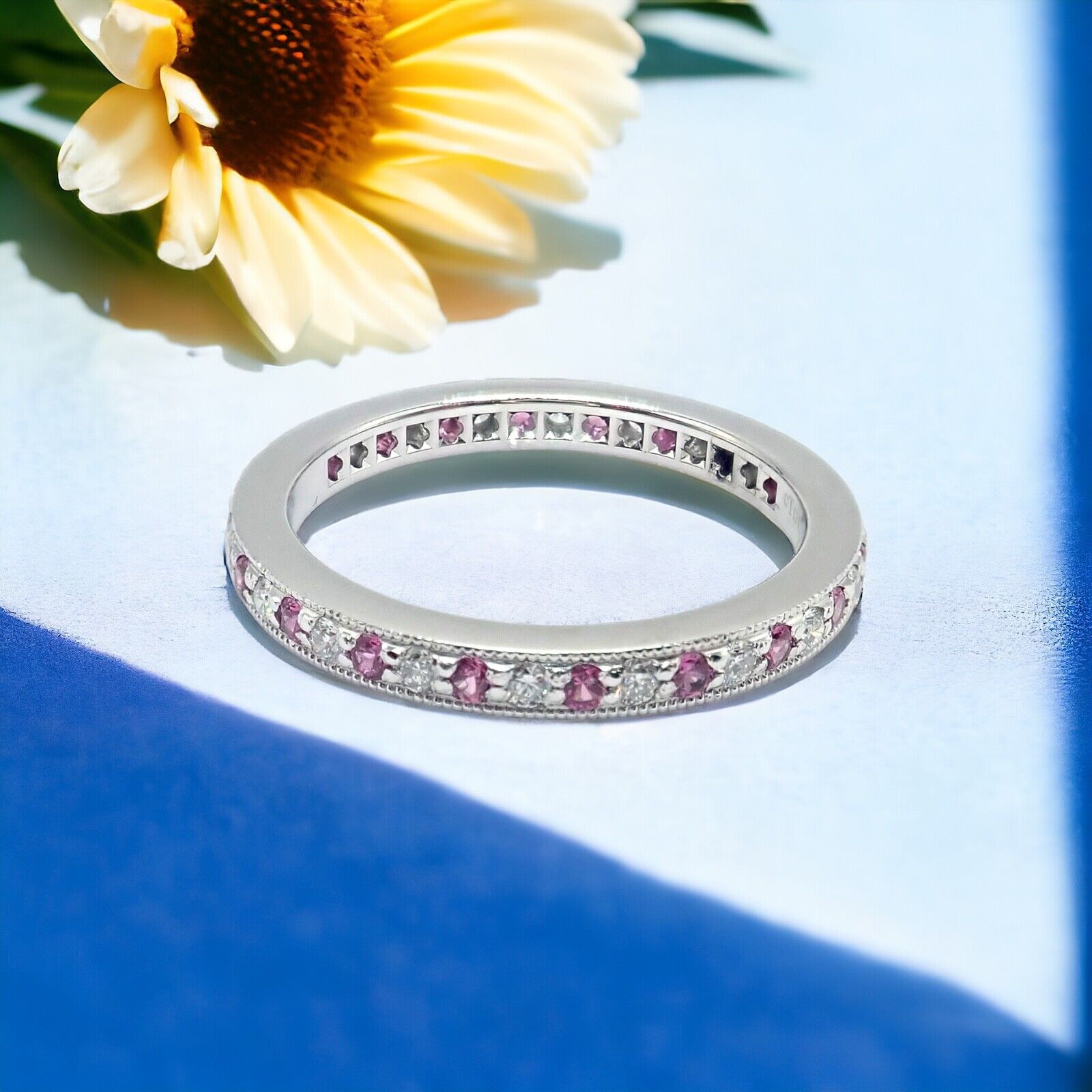 Tiffany & Co Platinum Diamond Pink Sapphire Milgrain 2.5mm Wedding Band Ring Size 5.75 - Perfect for Engagement, Anniversary & Special Occasion Gifts