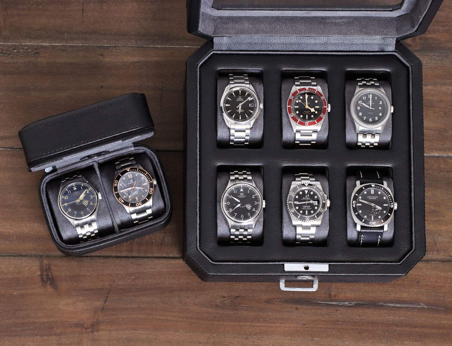 Premium ROTHWELL 6-Slot Leather Watch Box with 2 Travel Cases - Luxury Watch Organizer with Microsuede Lining & Locking Glass Top for Men's Jewelry Storage (Black/Grey Gift Set) - Perfect for Home Display, Travel Protection & Watch Collection Organization