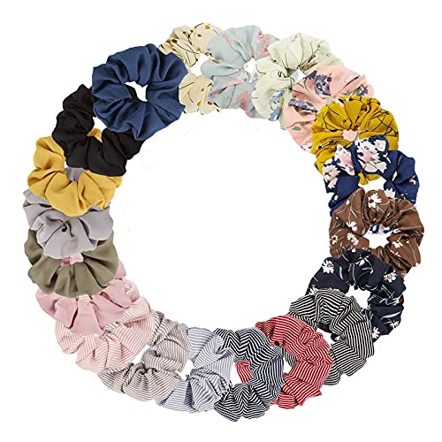20 Pcs Floral Plaid Solid Color Silk Scrunchies for Women & Girls - Elegant Bow & Chiffon Hair Ties Bulk Pack - Perfect for School, Work, Parties & Everyday Styling