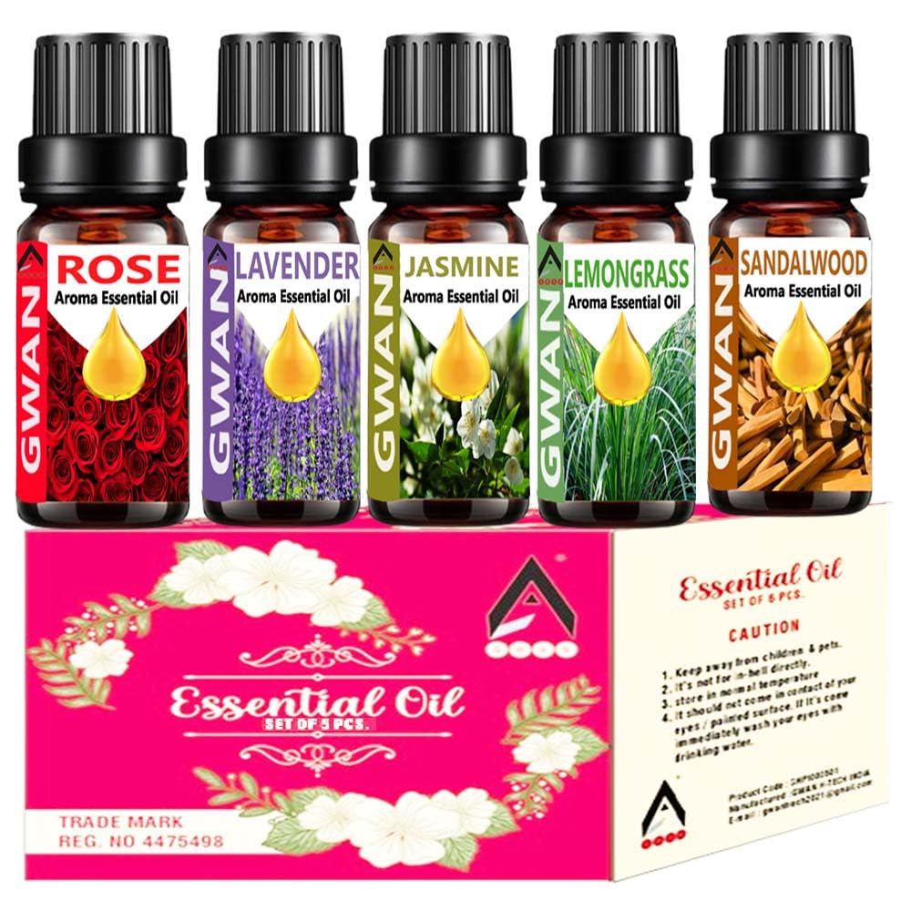 Premium Essential Oil Set for Aromatherapy - 5 Pack (Lemongrass, Lavender, Jasmine, Rose, Sandalwood) 10ml Each - Natural Home Fragrance Oil for Diffusers, Relaxation & Stress Relief - Perfect for Spa, Yoga & Bedroom