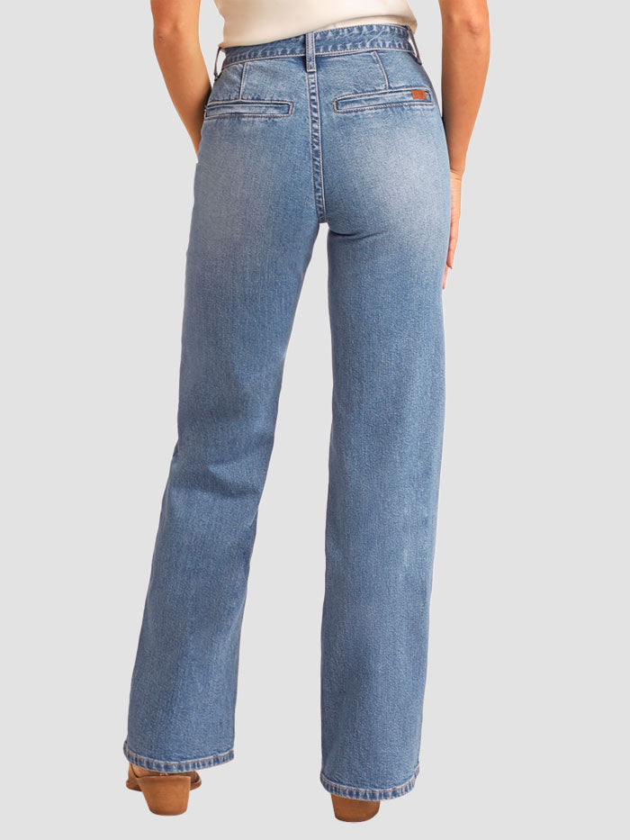Rock & Roll Denim Women's High Rise Belted Relaxed Flare Jeans - Medium Wash Vintage Style for Casual Outfits & Retro Fashion Looks