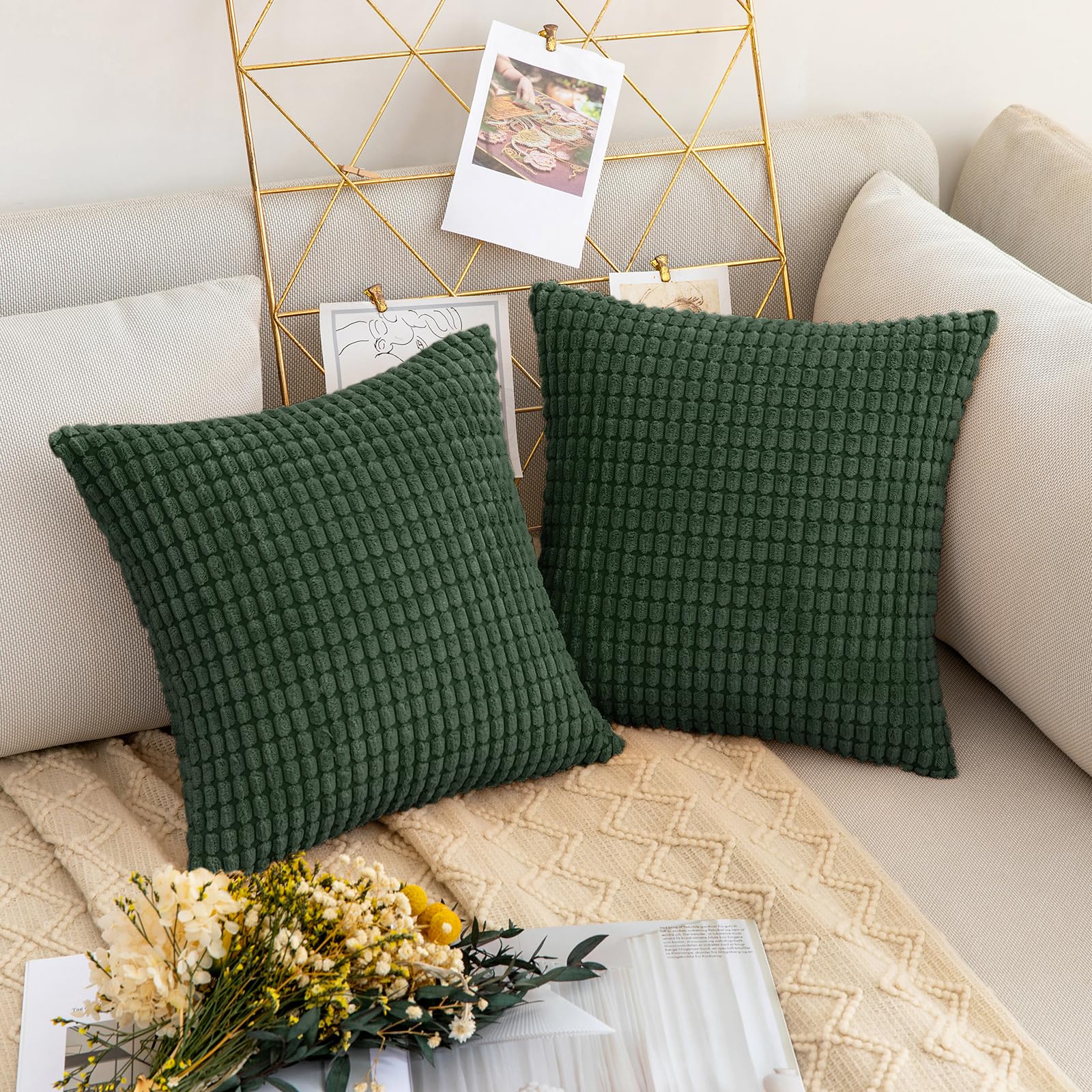MIULEE 2-Pack Christmas Decorative Throw Pillow Covers - Soft Corduroy Couch Pillow Covers, Dark Green Square Pillow Cases (12x12 Inch) for Sofa, Bed, Living Room - Perfect for Holiday Decor & Cozy Home Styling