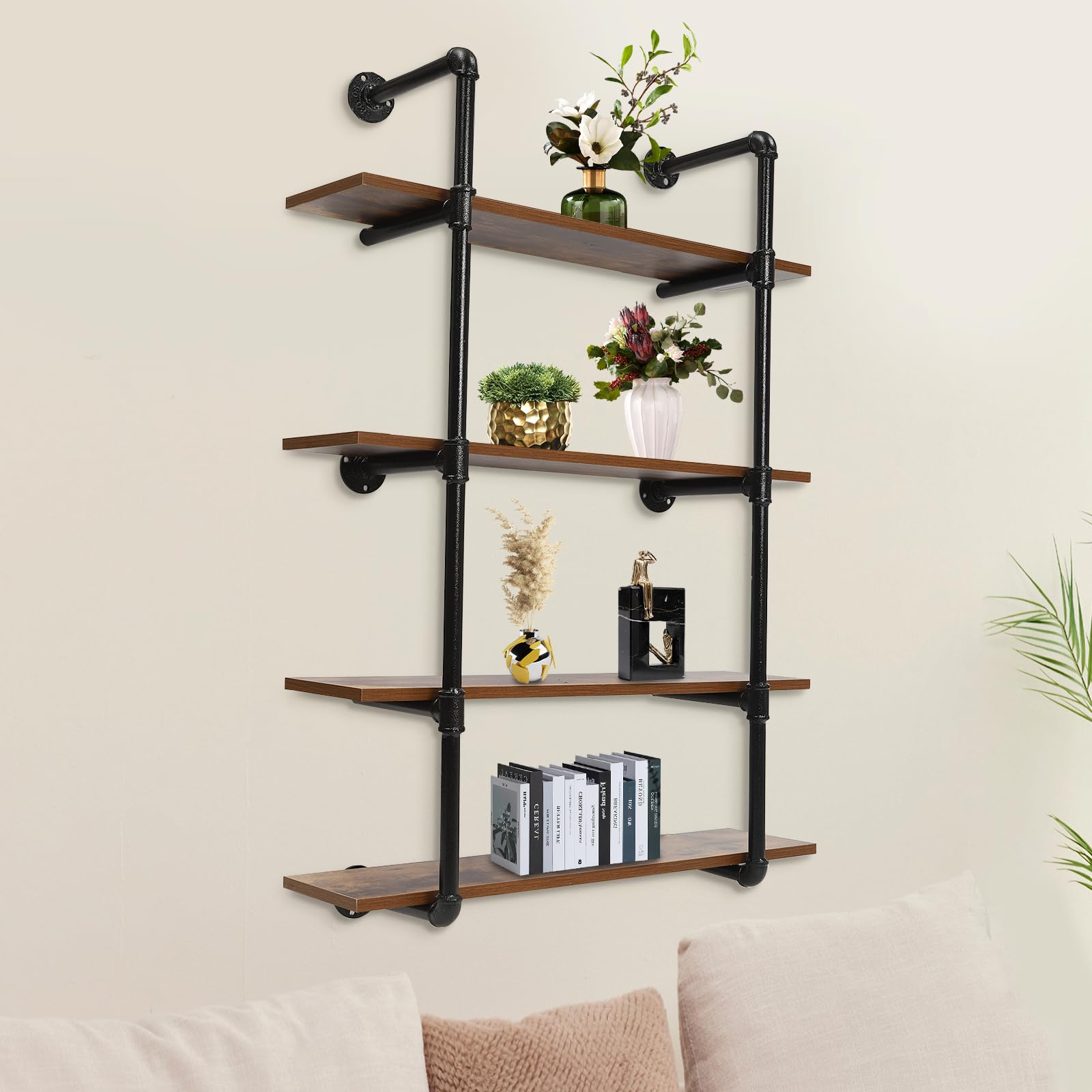 4-Tier 30-Inch Industrial Pipe Floating Shelves - Rustic Metal Wall Mounted Bookshelf for Living Room, Bedroom, Kitchen & Bathroom - Heavy Duty Storage Shelf Unit for Home, Office, Supermarket & Retail Stores