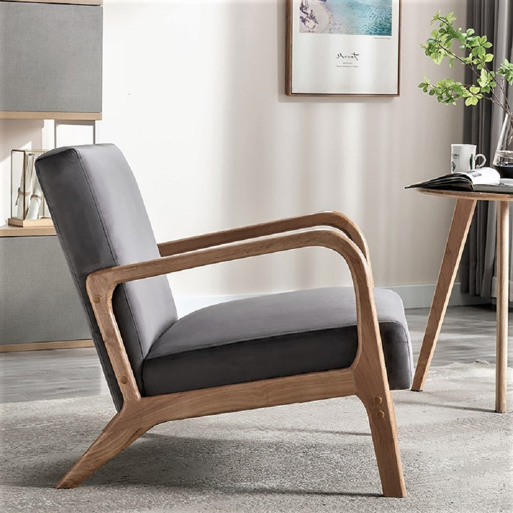 Mid Century Modern Accent Chair - Espresso Finish Open Frame Armchair with Plush Velvet Cushion, Gray - Stylish Living Room & Bedroom Seating for Home Decor