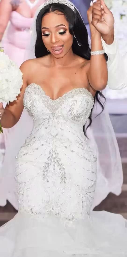 Elegant White Mermaid Wedding Dress with Beaded Details & Organza Tulle Ruffles for Bride – Perfect for Beach, Church, and Formal Wedding Ceremonies