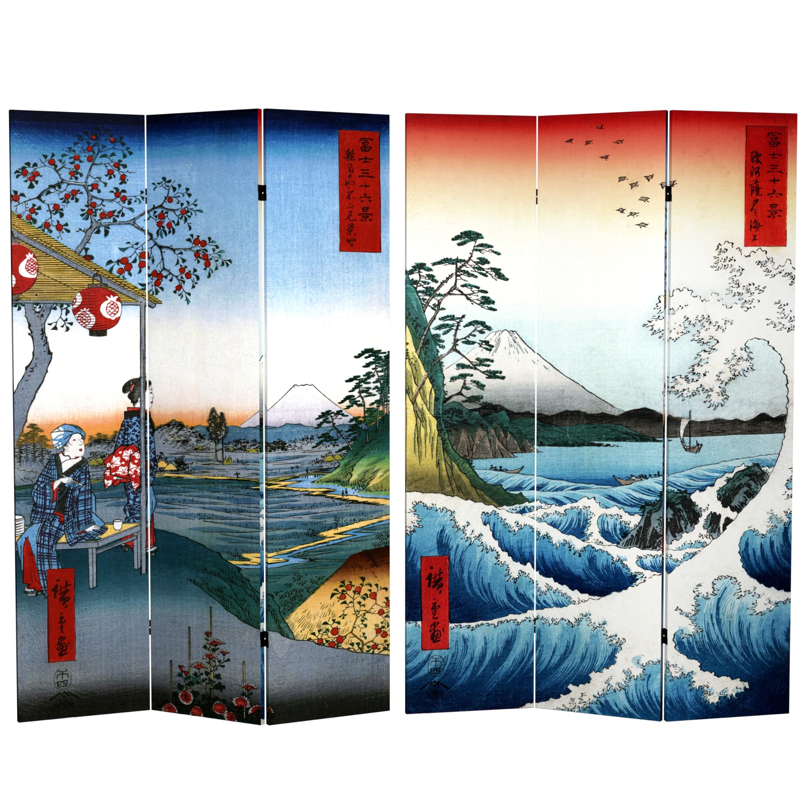 6 ft. Tall Double Sided Hiroshige Red Lantern Room Divider - Sea at Satta & Teahouse Design, 71 Inch Height 3 Panel Wide Folding Screen for Home Decor, Office Partition, and Asian-Themed Event Backdrop