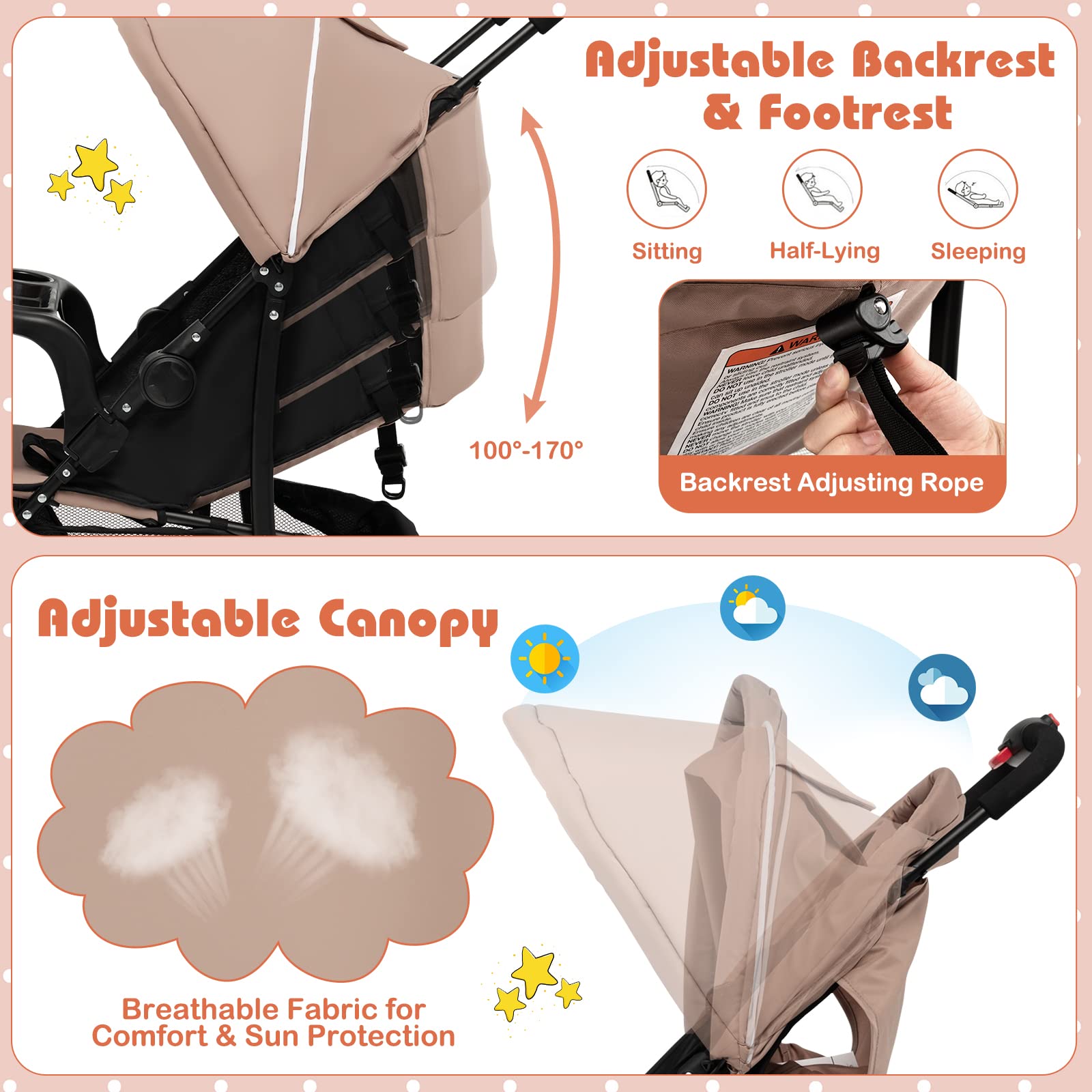 HONEY JOY Lightweight Compact Travel Stroller for Toddlers & Infants - Adjustable Canopy, Reclining Backrest, Storage Basket - Airplane Approved Foldable Umbrella Stroller (Coffee) - Perfect for Air Travel, Shopping, and Daily Walks
