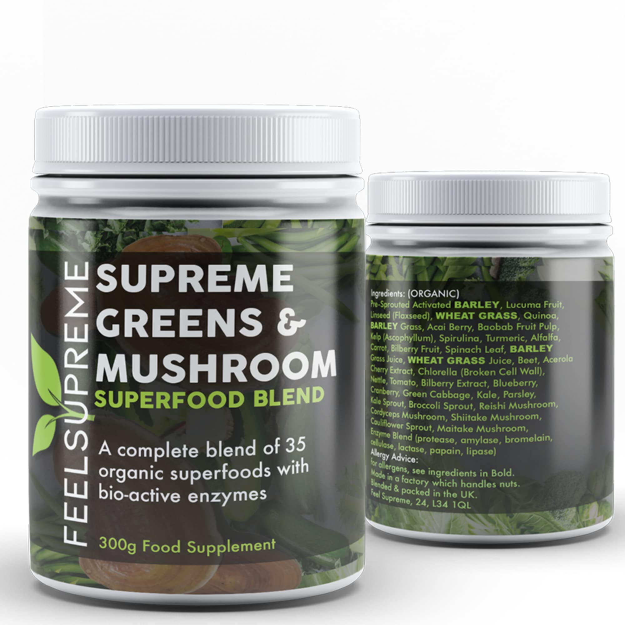 Feel Supreme - Organic Super Greens & Mushroom Powder with 35 Superfoods - High in Fiber, Protein, Vitamin C & Spirulina - No Added Sugar - 300g Greens Supplement for Energy, Detox & Immune Support - Perfect for Smoothies, Juices & Wellness Routines