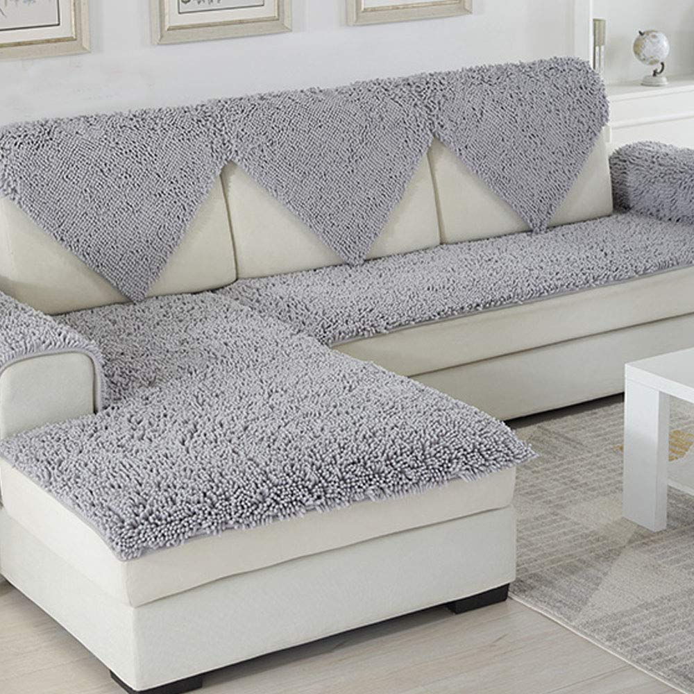 Premium Shaggy Sofa Cover - Grey Chenille Furniture Protector for Winter & All Seasons | One-Piece Luxury Sofa Slipcover 35