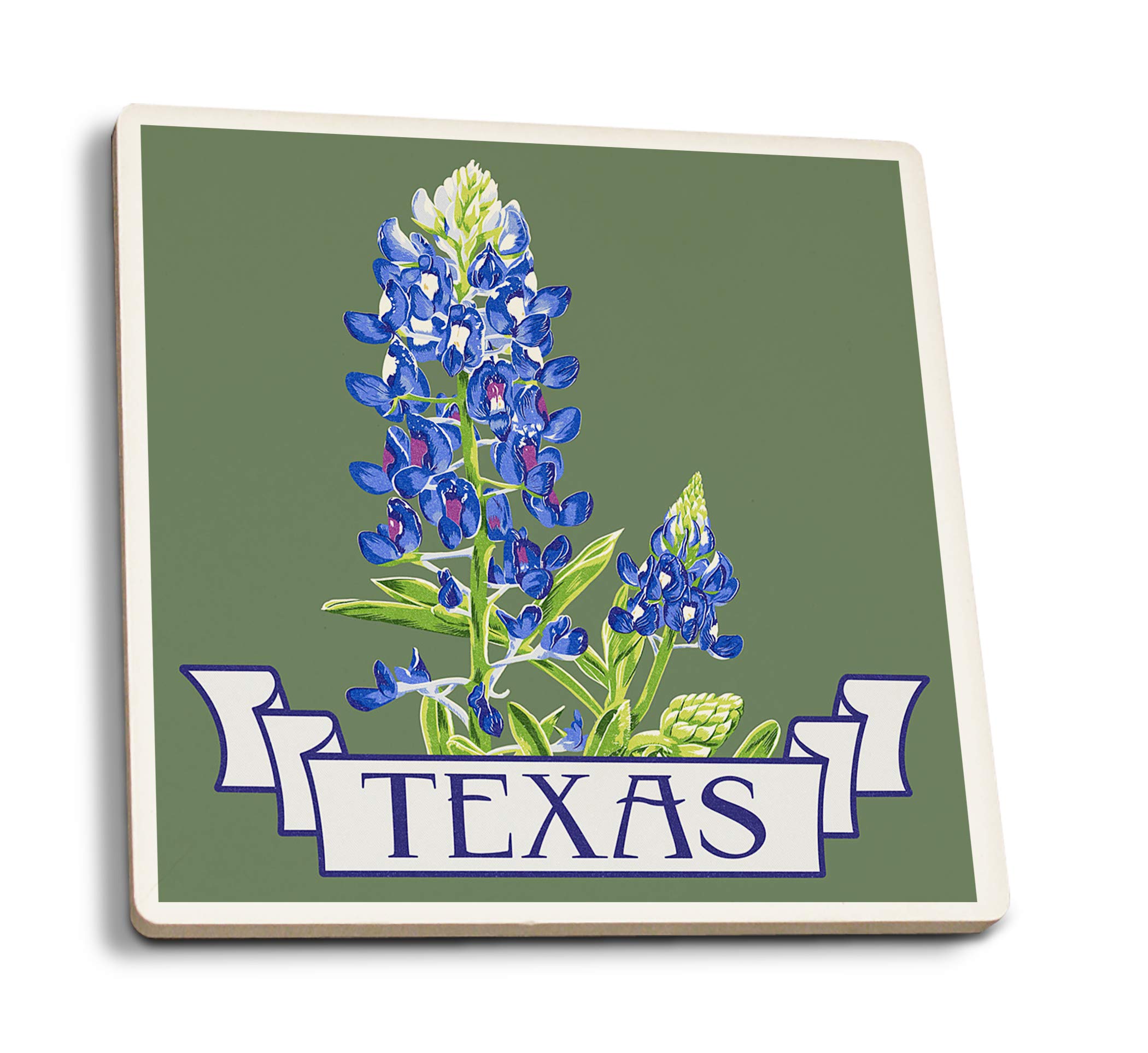 Texas Bluebonnet Letterpress Contour Absorbent Ceramic Coasters Set of 4 with Cork Back - Elegant Kitchen Table Decor for Home & Office Use
