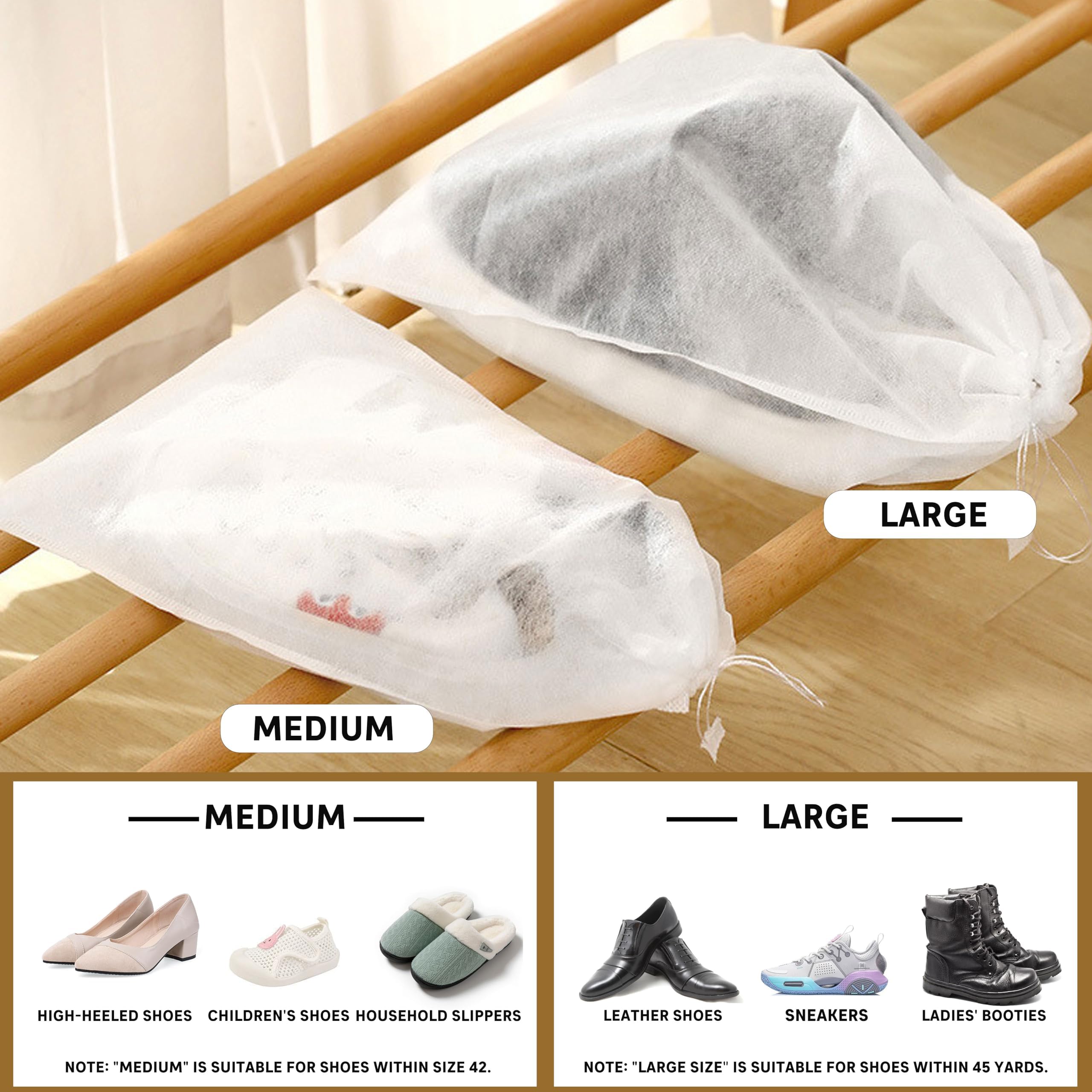 **Caliee 50-Pack Portable Travel Shoe Bags - Dustproof, Breathable Non-Woven Shoe Storage (20 Large + 30 Medium, White) - Perfect for Travel, Gym & Organizing Closet**