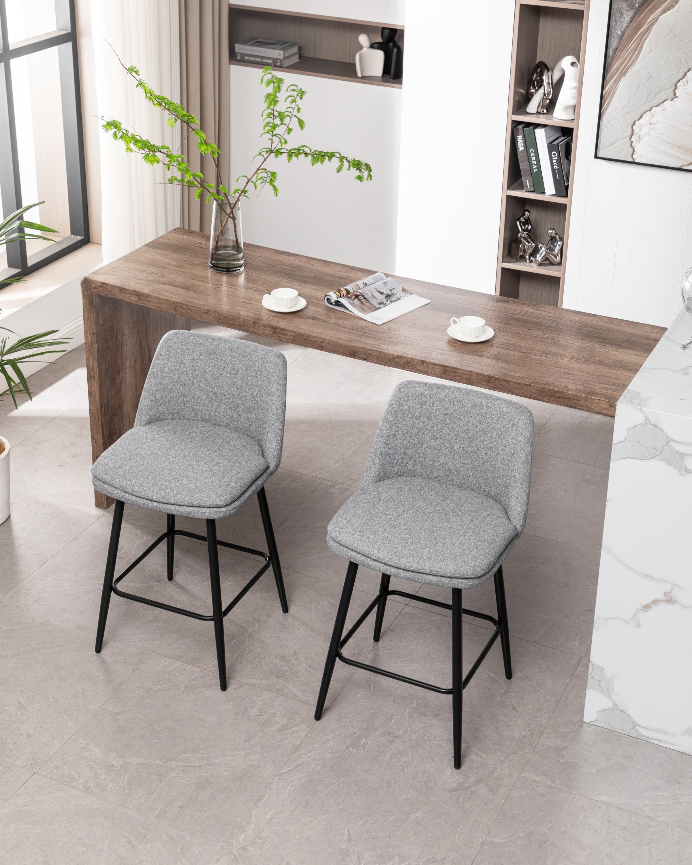 360° Swivel Counter Height Bar Stools Set of 2 - Upholstered with Back Support & Sturdy Metal Legs, 25.6