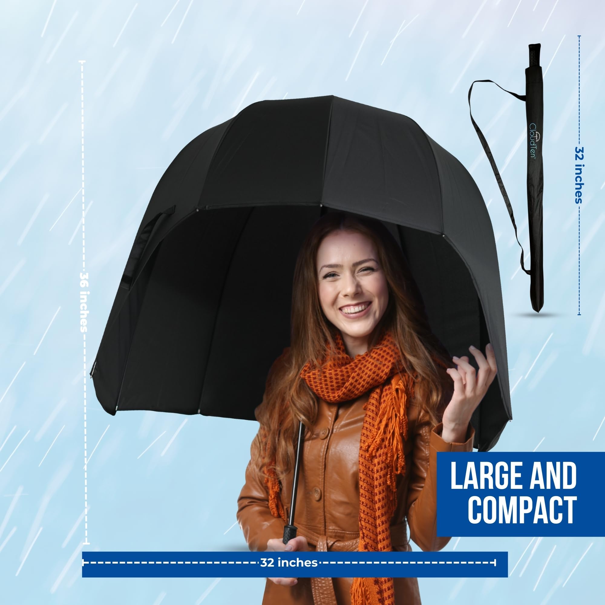 CloudTen Black Windproof Dome Umbrella for Men & Women - Lightweight Bubble Canopy for Rain & Wind Protection - Perfect for Outdoor Events, Commuting & Daily Use