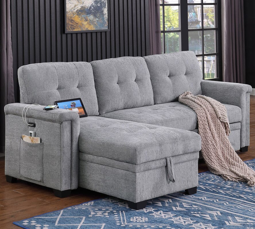 Ashlyn 83.5W Light Gray Chenille Reversible Sleeper Sectional Sofa with Storage Chaise, USB Charging Ports & Side Pockets - Perfect for Small Spaces, Living Rooms & Home Theater Seating