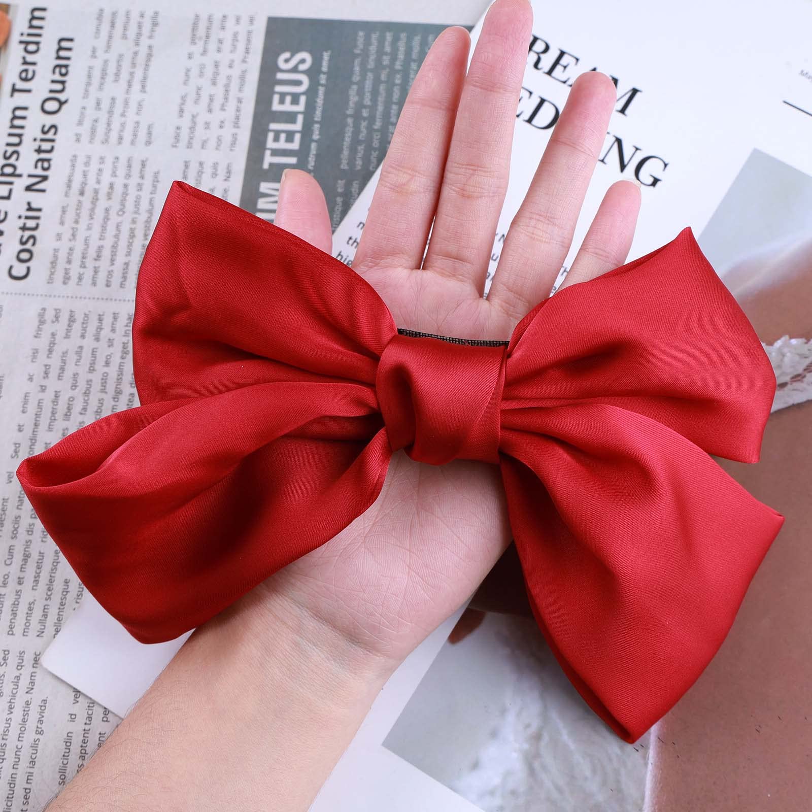 Vintage Silk Bow Hair Clip - Large Red Hair Barrette for Women & Girls - Elegant Headwear for Weddings, Parties & Daily Styling