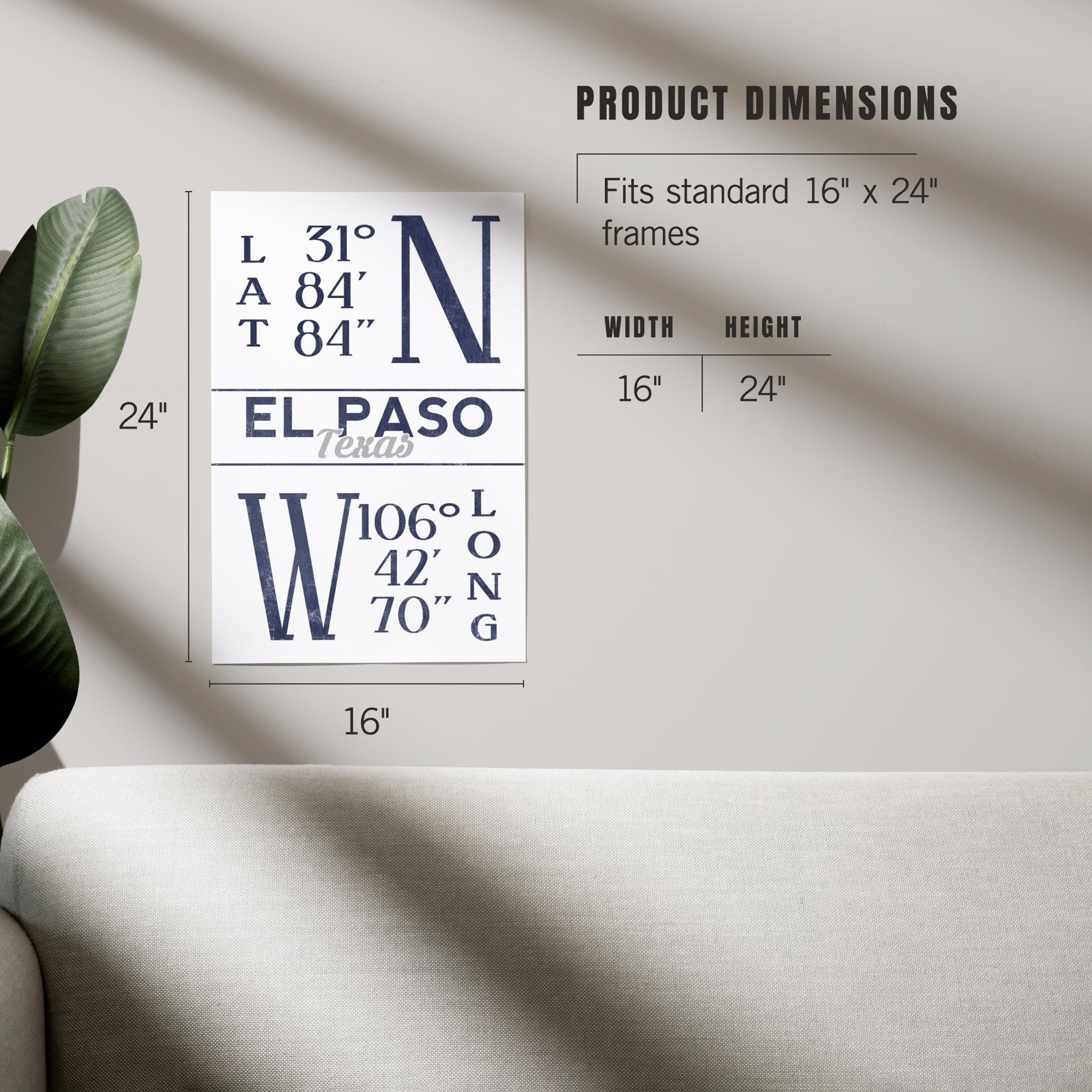 Lantern Press 16x24 Inch Giclee Art Print - El Paso Texas Map with Latitude & Longitude Coordinates in Blue | Wall Decor for Home, Office & Gift Giving