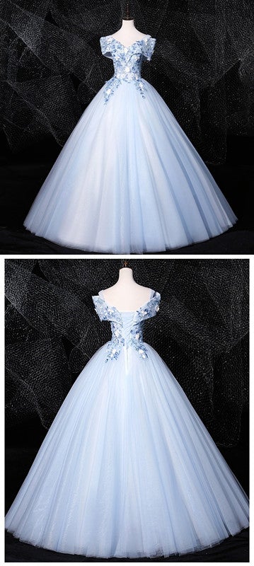 Floral Blue A-Line Off-Shoulder Long Prom Dress for Women - Elegant Formal Gown for Homecoming, Ball, Dance Party & Special Occasions