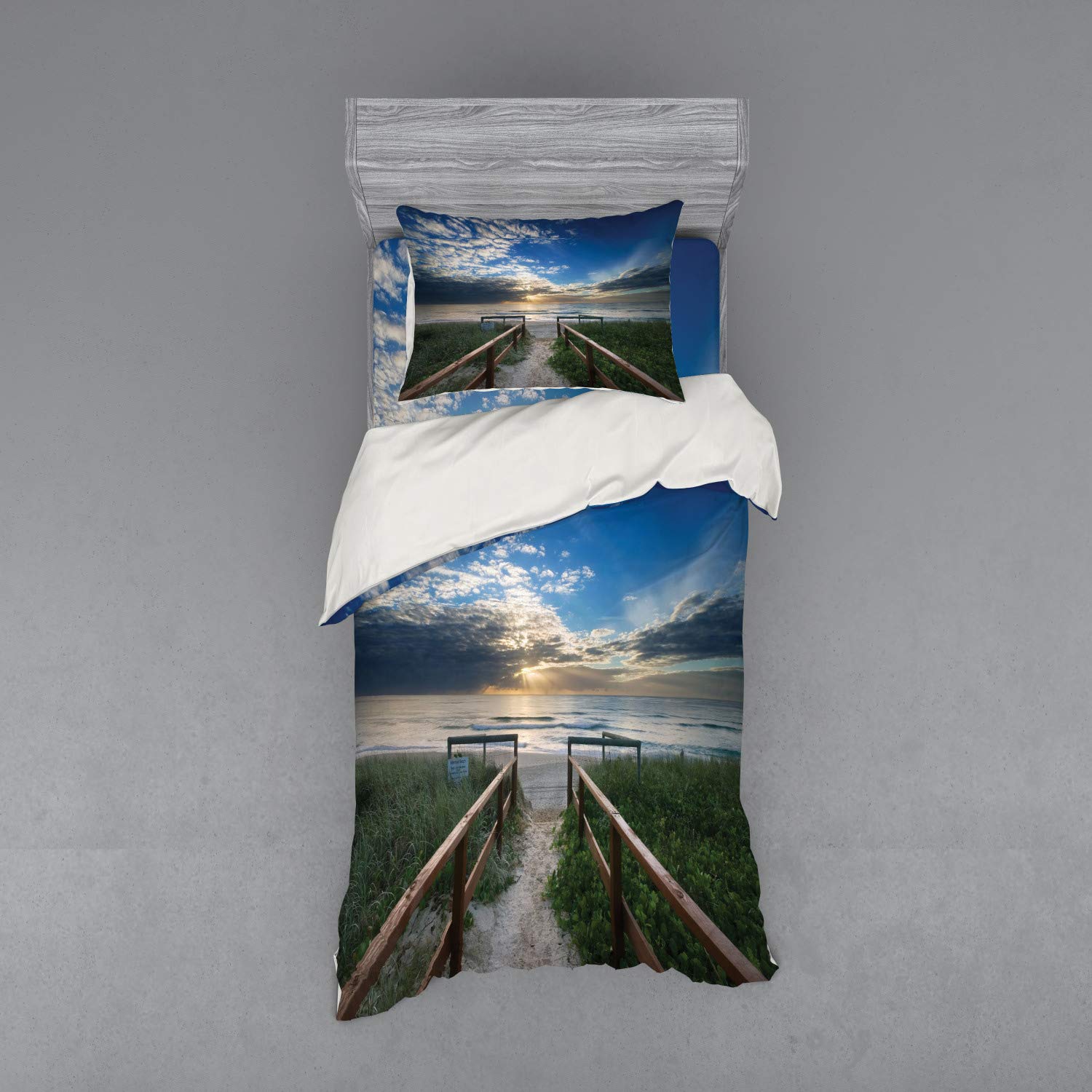 Ambesonne Beach Duvet Cover Set - Twin XL Size 3-Piece Coastal Bedding with Sham & Fitted Sheet, Sunrise Cloudy Weather Design with Handrails & Bushes - Perfect for Beach House Decor, Guest Rooms & Coastal Themed Bedrooms