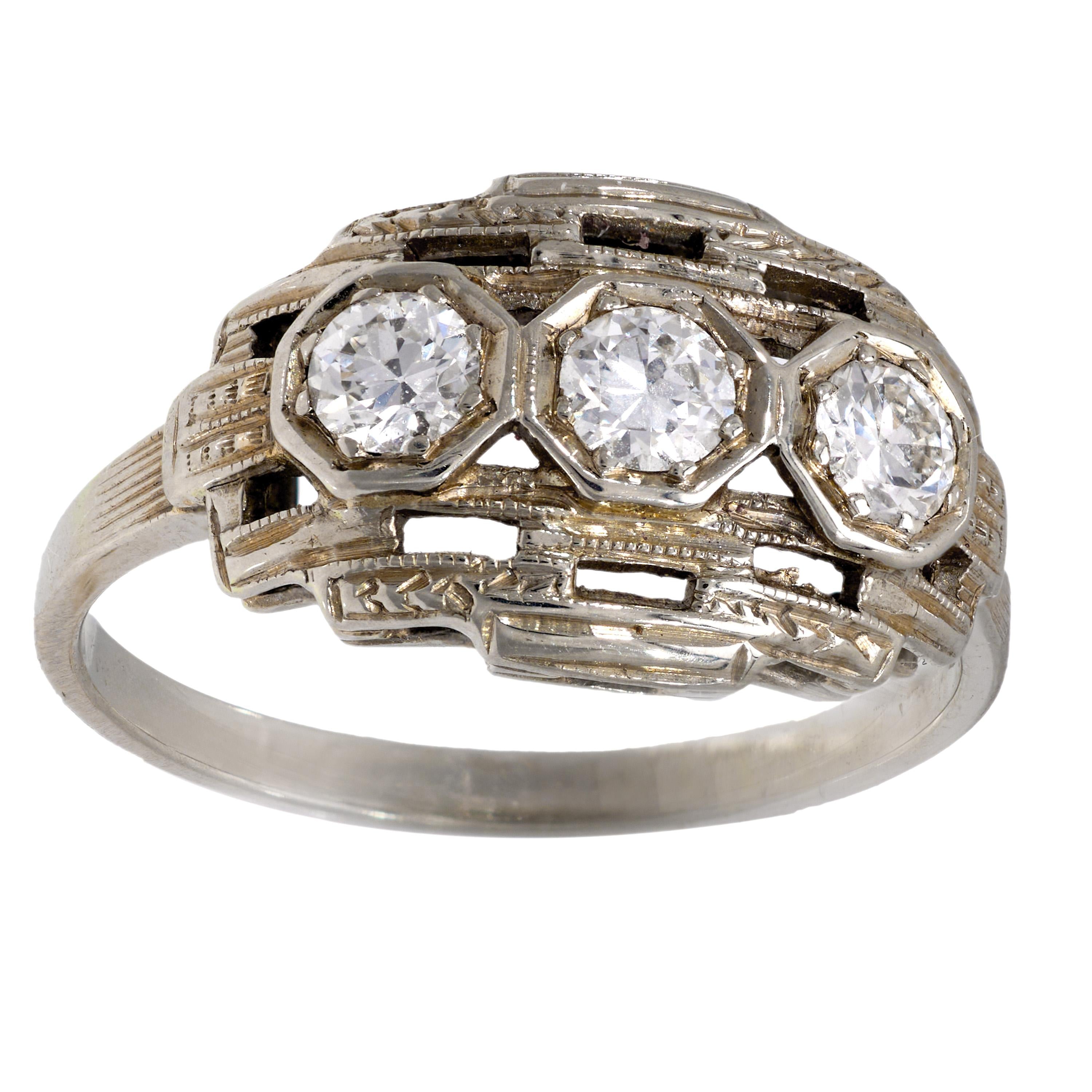 Art Deco Diamond 18K White Gold Three-Stone Engagement Ring - Perfect for Weddings, Anniversaries & Special Occasions