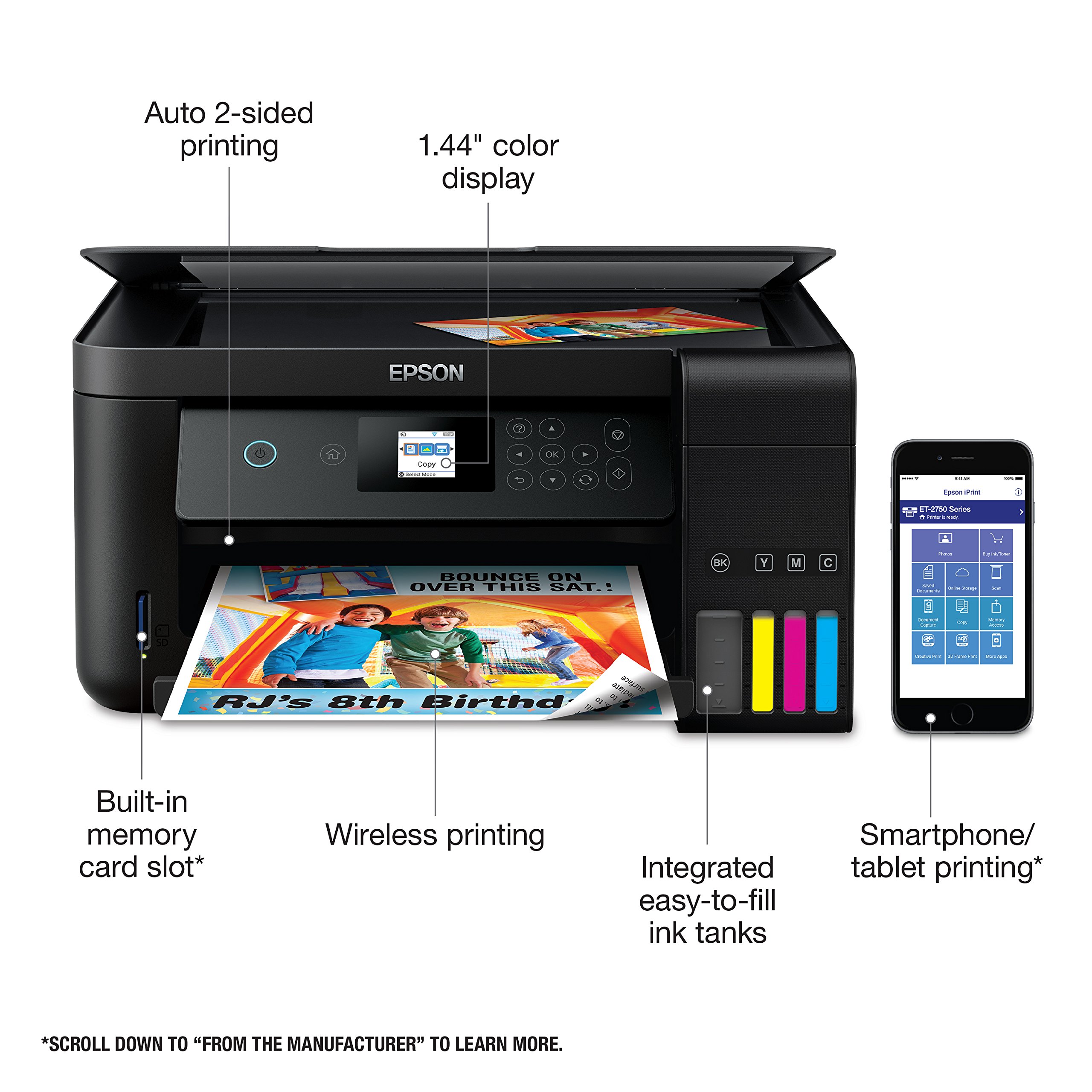 Epson Expression ET-2750 EcoTank Wireless Color All-in-One Printer with Scanner, Copier & Supertank - Refurbished | Perfect for Home Office, Small Business & Remote Work Printing Needs