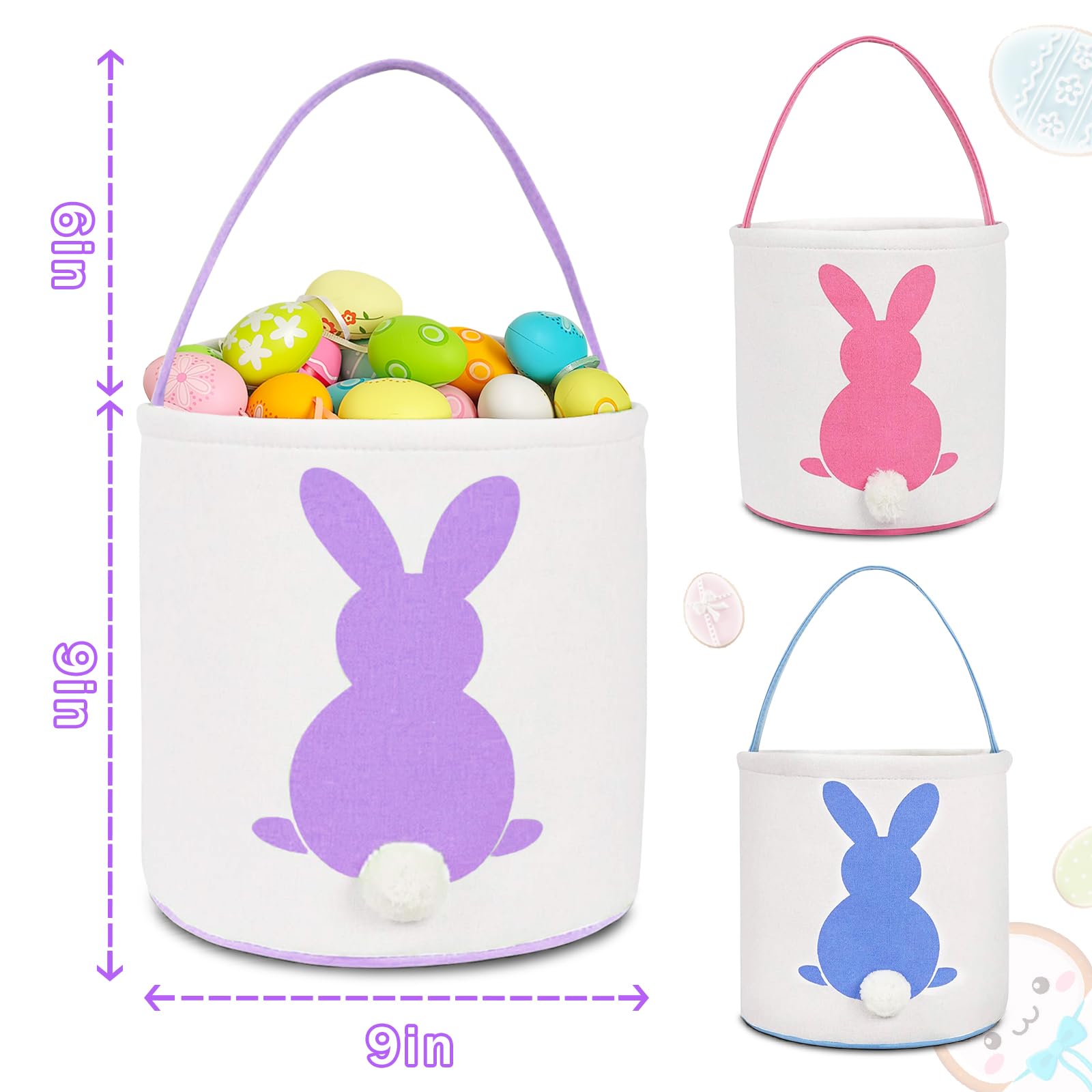 Easter Bunny Baskets for Kids - 3 Pack Canvas Easter Egg Hunt Bags, Rabbit Themed Gift Toys & Tote Buckets (Purple, Pink, Blue) - Perfect for Easter Egg Hunts, Party Favors & Spring Celebrations
