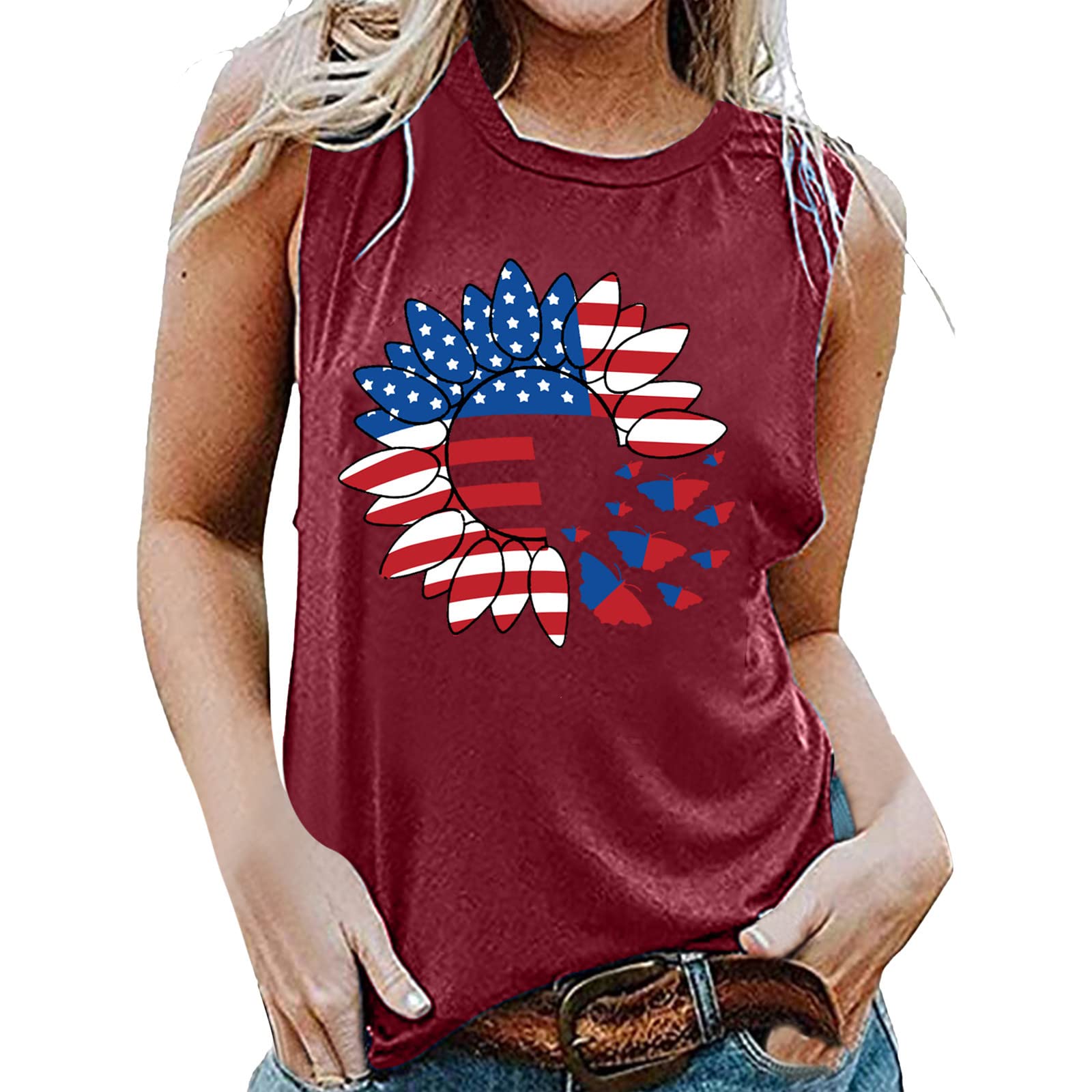 Women's Sleeveless Round Neck Printed Tank Tops - Casual Summer T-Shirts & Blouses for 4th of July, Beach, Gym & Outdoor Activities