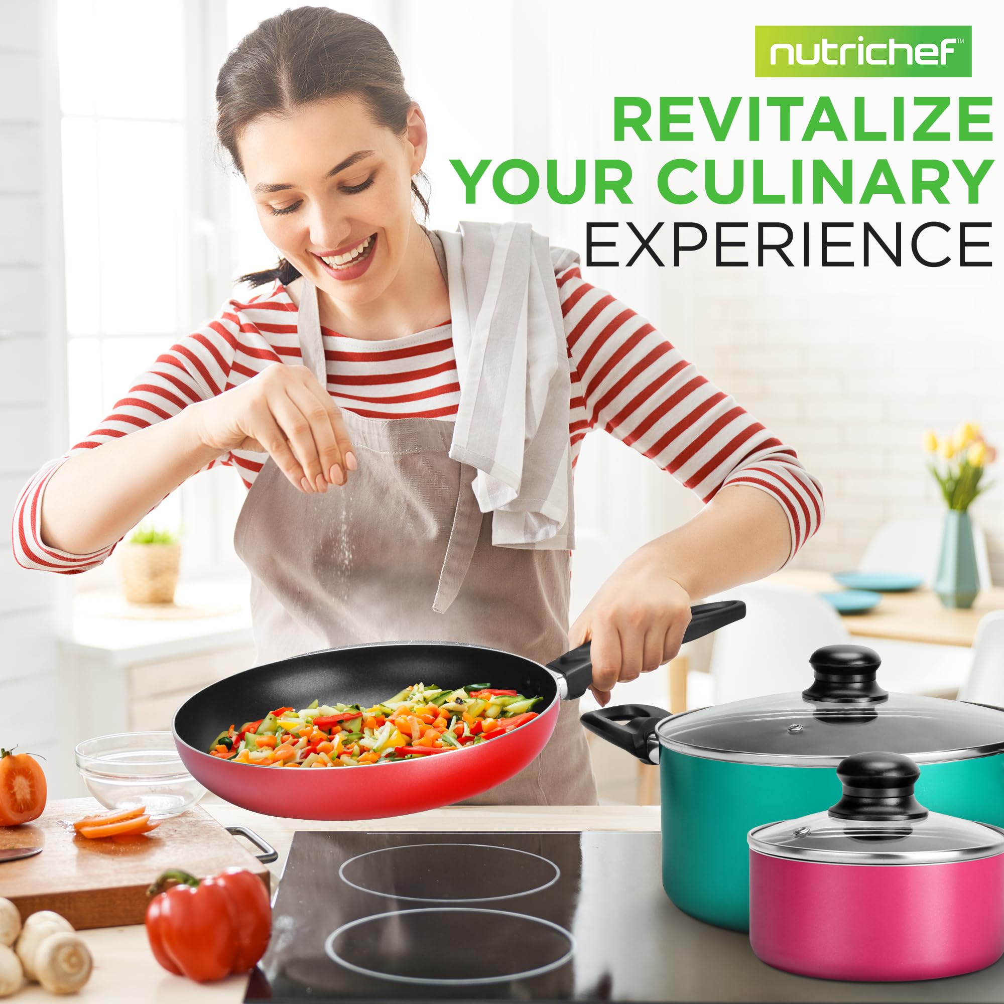 15-Piece Nonstick Kitchen Cookware Set - PTFE/PFOA/PFOS-Free, Colorful Heat Resistant Lacquer Pots & Pans with Saucepot, Frying Pans, Oven Pot & Lids - Includes 5 Cooking Utensils - Perfect for Home Cooking, Baking & Meal Prep - NCCWCOR15