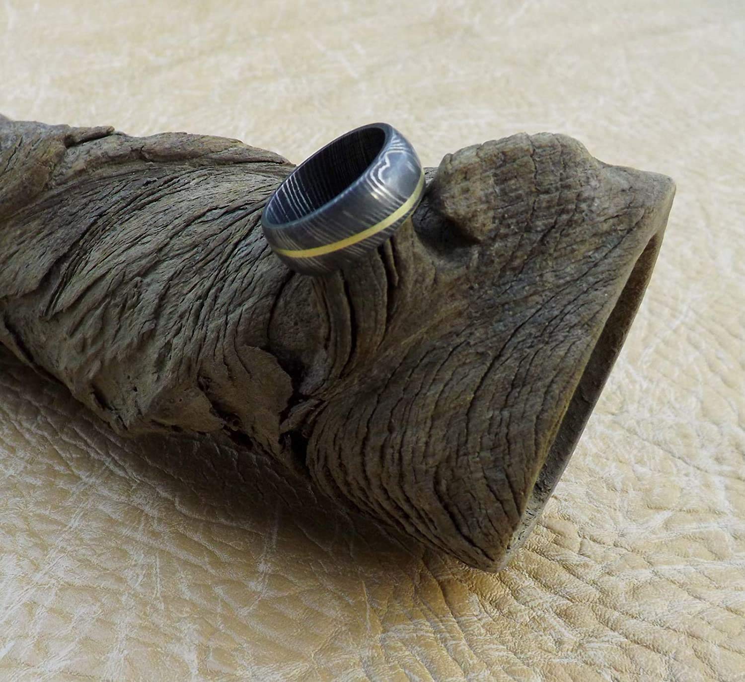 Handmade Damascus Steel Ring with Brass Inlay - Custom Engraved Anniversary, Wedding, and Father's Day Band (KE-234-AT) - Perfect for Gifts, Proposals & Special Occasions