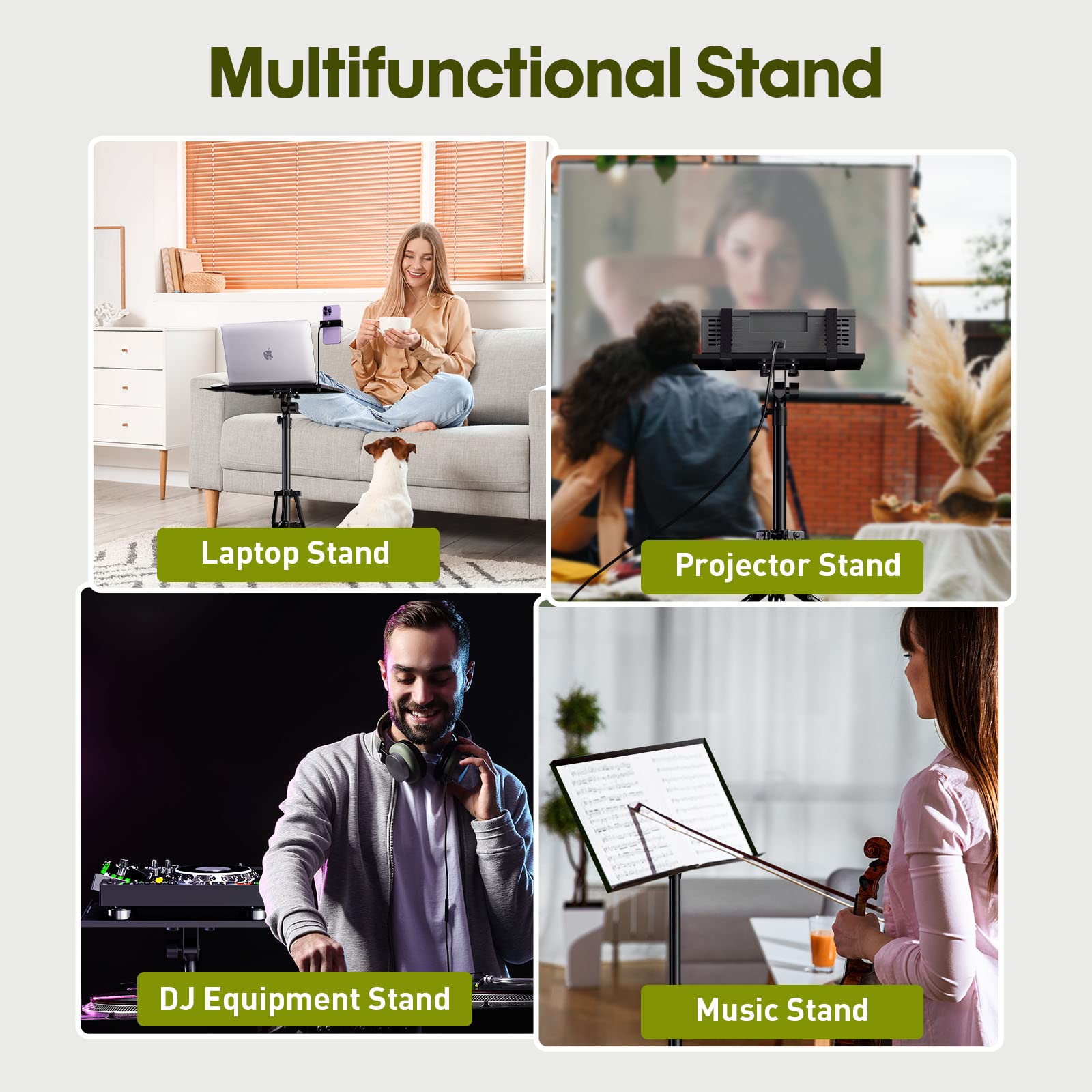 Portable Adjustable Projector Stand 20-60 Inch with Gooseneck Phone Holder & Mouse Tray - Laptop Tripod Floor Stand for Podium, Home Studio, DJ Racks, Presentations, and Online Classes