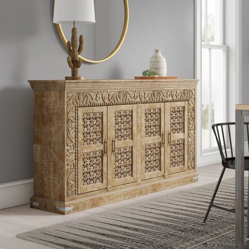 Hand Carved Solid Wood Buffet Table - Antique Indian Style 4-Door Sideboard Cabinet for Dining Room Storage & Kitchen Organization
