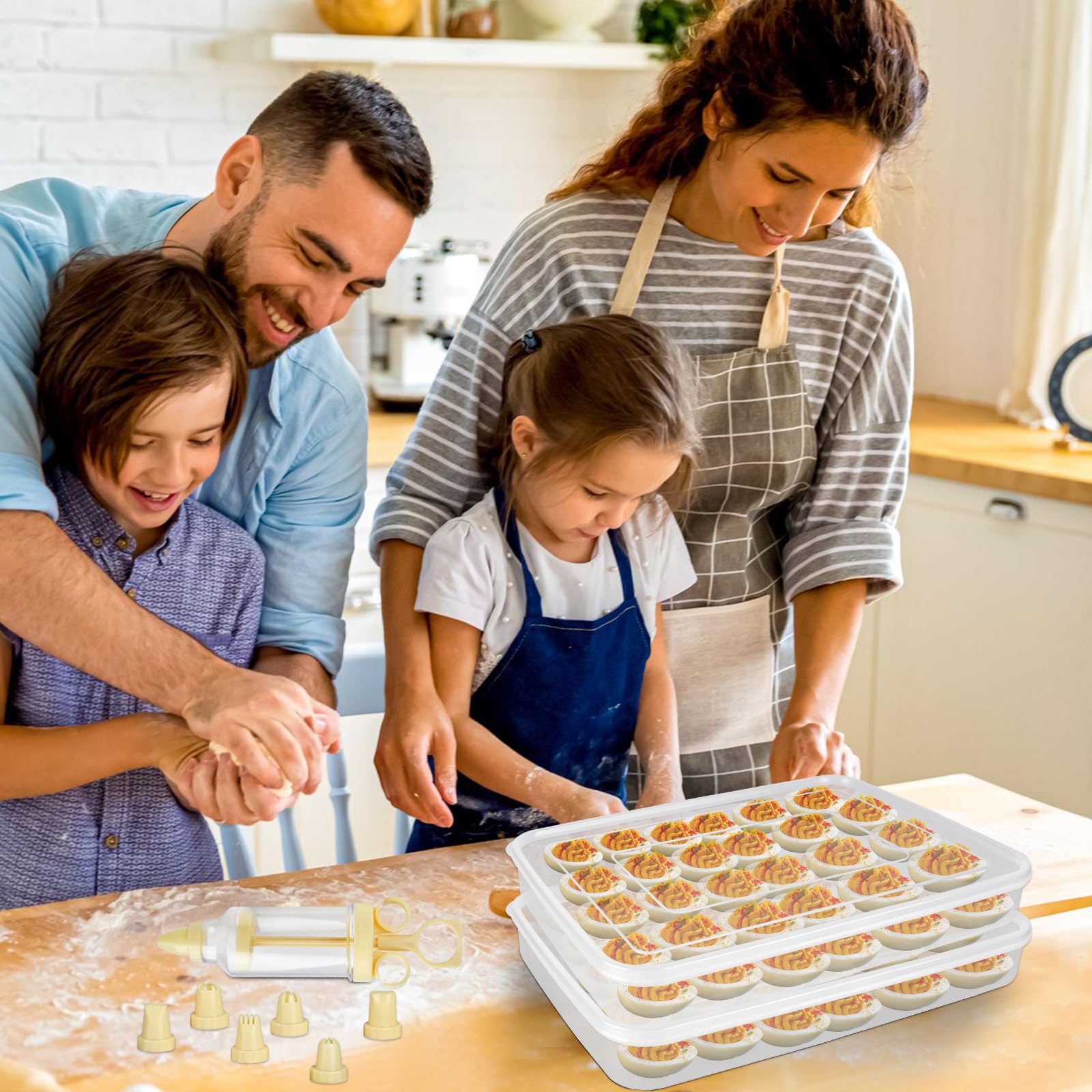 3-Piece Stackable Plastic Deviled Egg Container Set with 90 Slots & Lids - Reusable Egg Carrier Platter with Piping Tools for Easter, Thanksgiving, Picnics & Party Food Serving