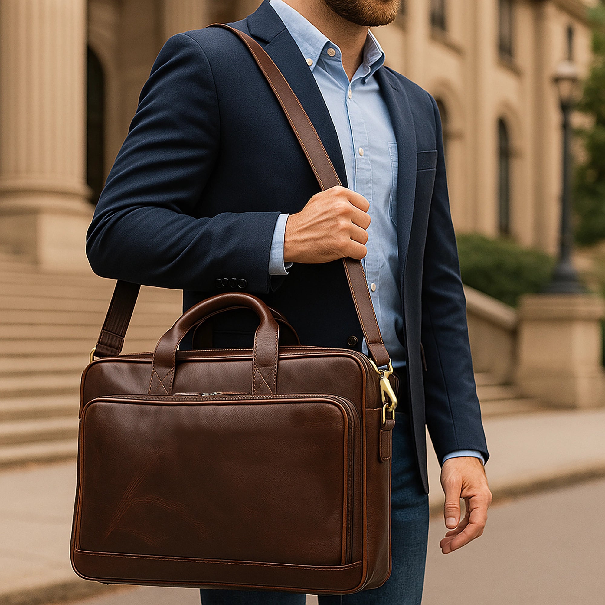 Premium Genuine Leather Briefcase for Men - Professional Laptop Messenger Bag for Business, Office & Travel - Perfect for Work Commute & Business Trips