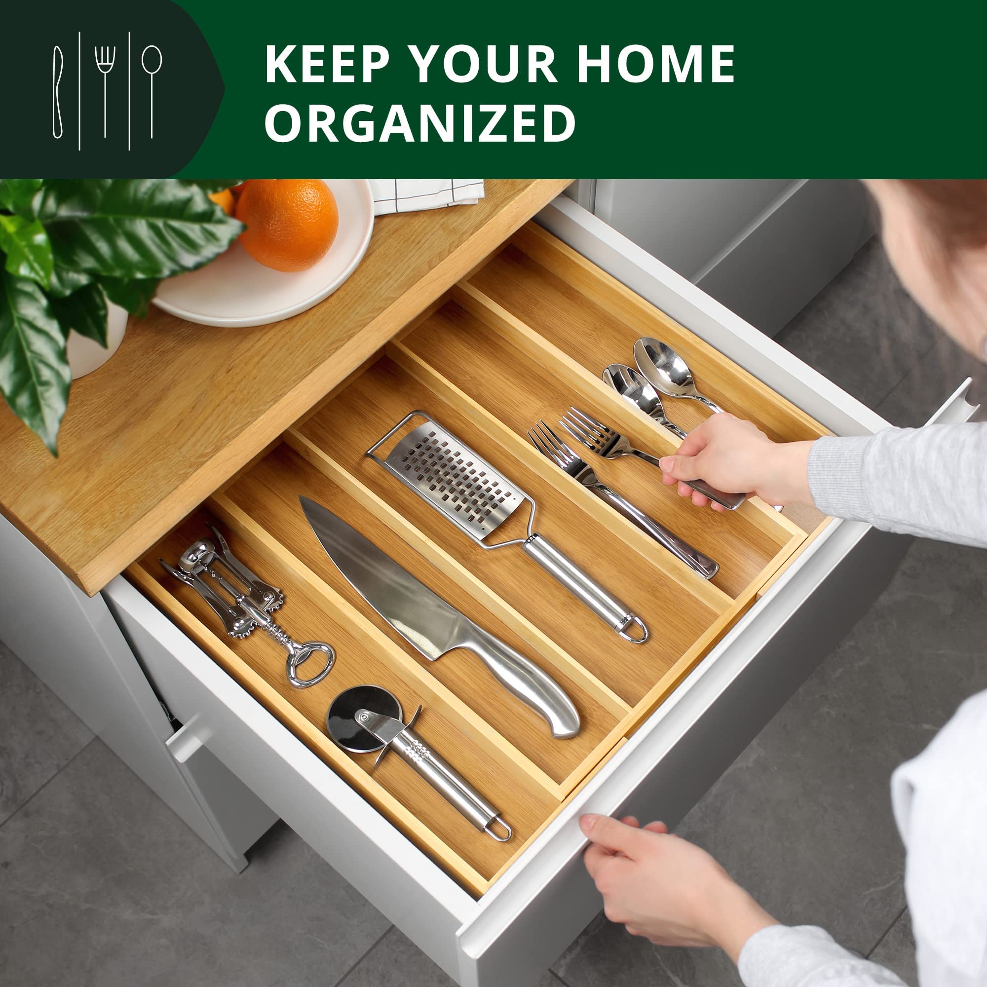 Premium Bamboo Kitchen Drawer Organizer - Silverware & Utensil Holder with Adjustable Dividers | Cutlery Tray for Flatware, Knives, Spoons | Ideal for Home Kitchen Organization & Dining Room Storage