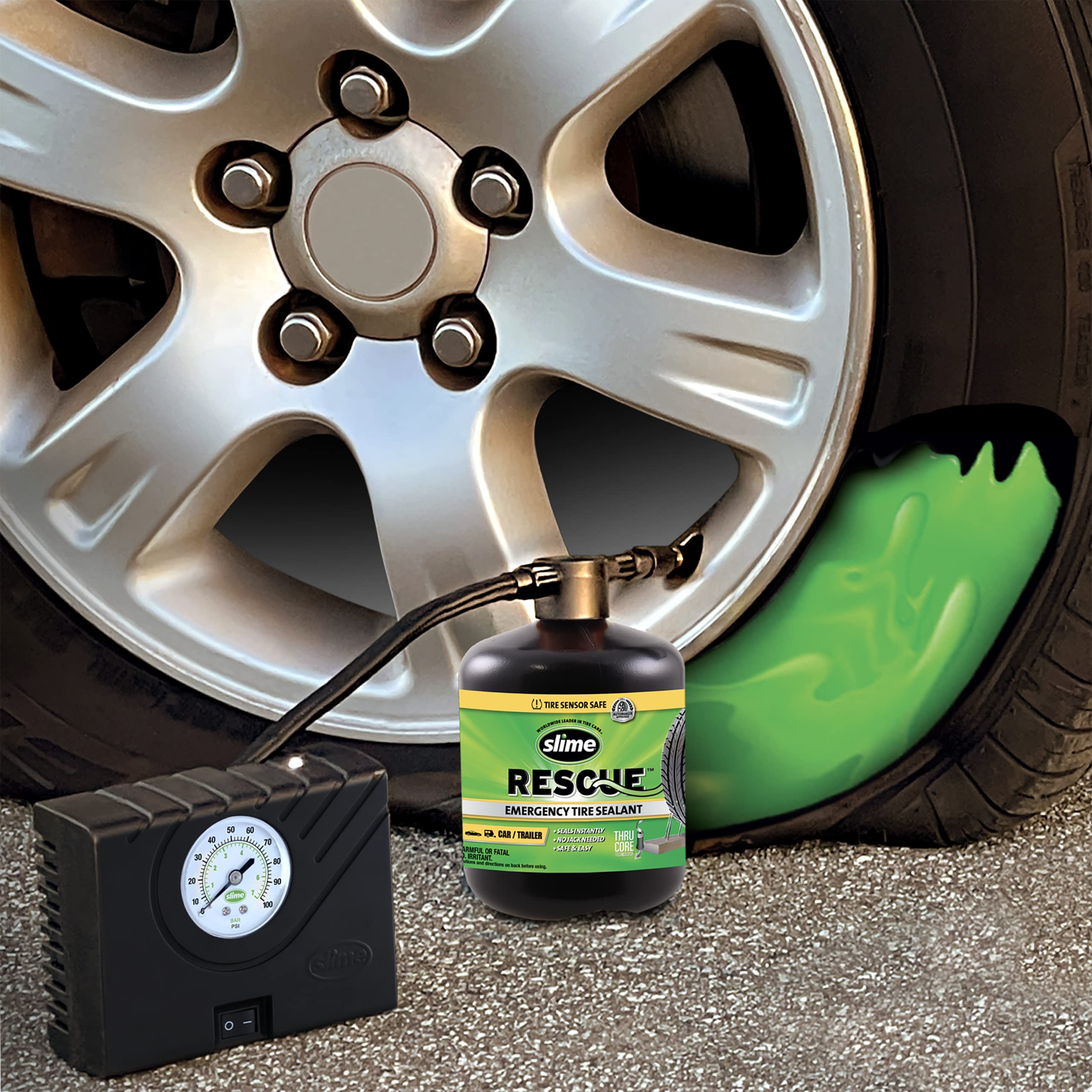Slime 50154 Emergency Roadside Kit with Flat Tire Repair & Jumper Cables - Compact, Standard & Crossover Vehicle Safety - Perfect for Road Trips & Winter Driving