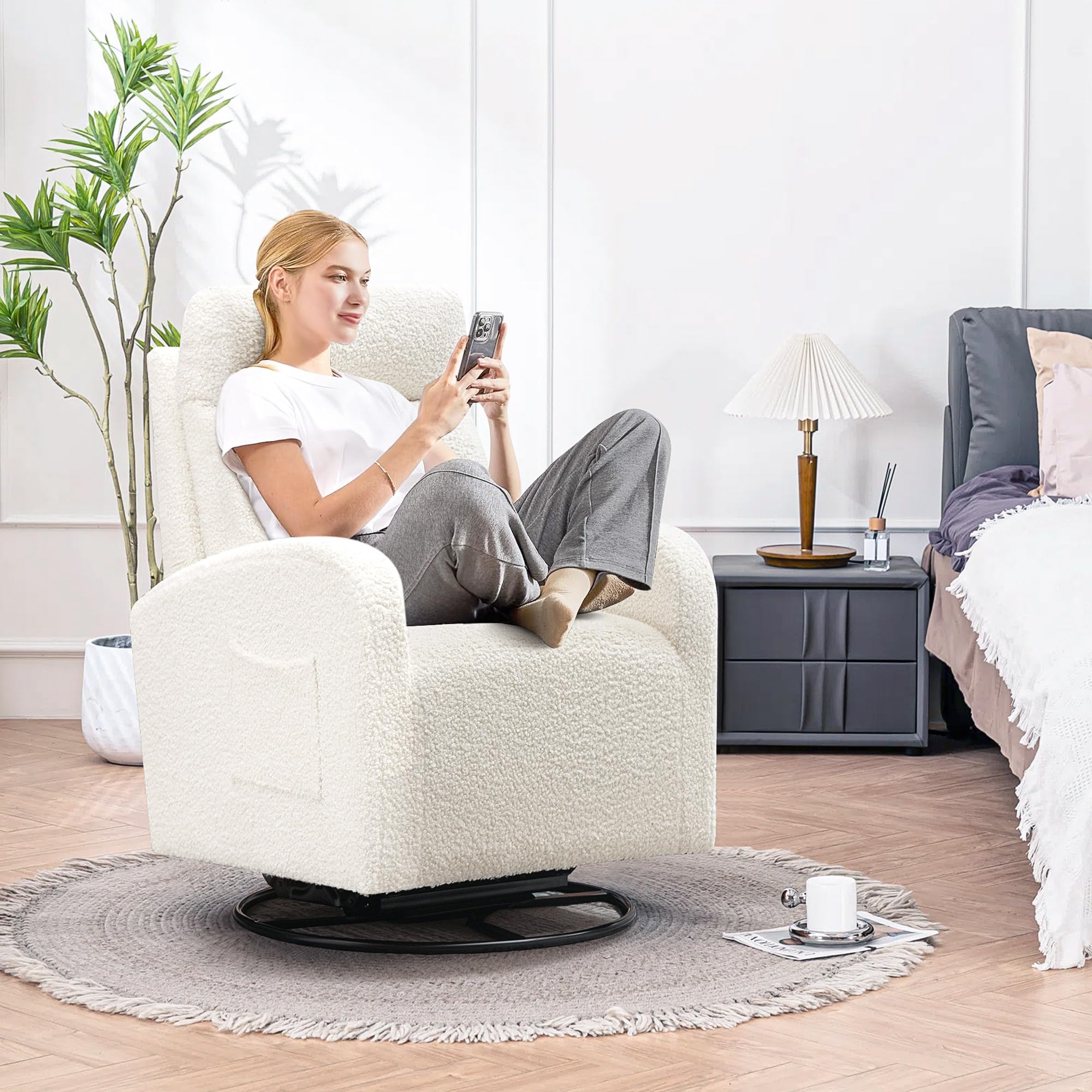 360° Swivel Glider Chair for Nursery & Living Room - Modern Ergonomic Rocking Recliner with High Back & Side Pocket - Cream White Boucle Upholstered Accent Chair for Bedroom, Nursery, Office - Perfect for Nursing, Relaxing & Reading
