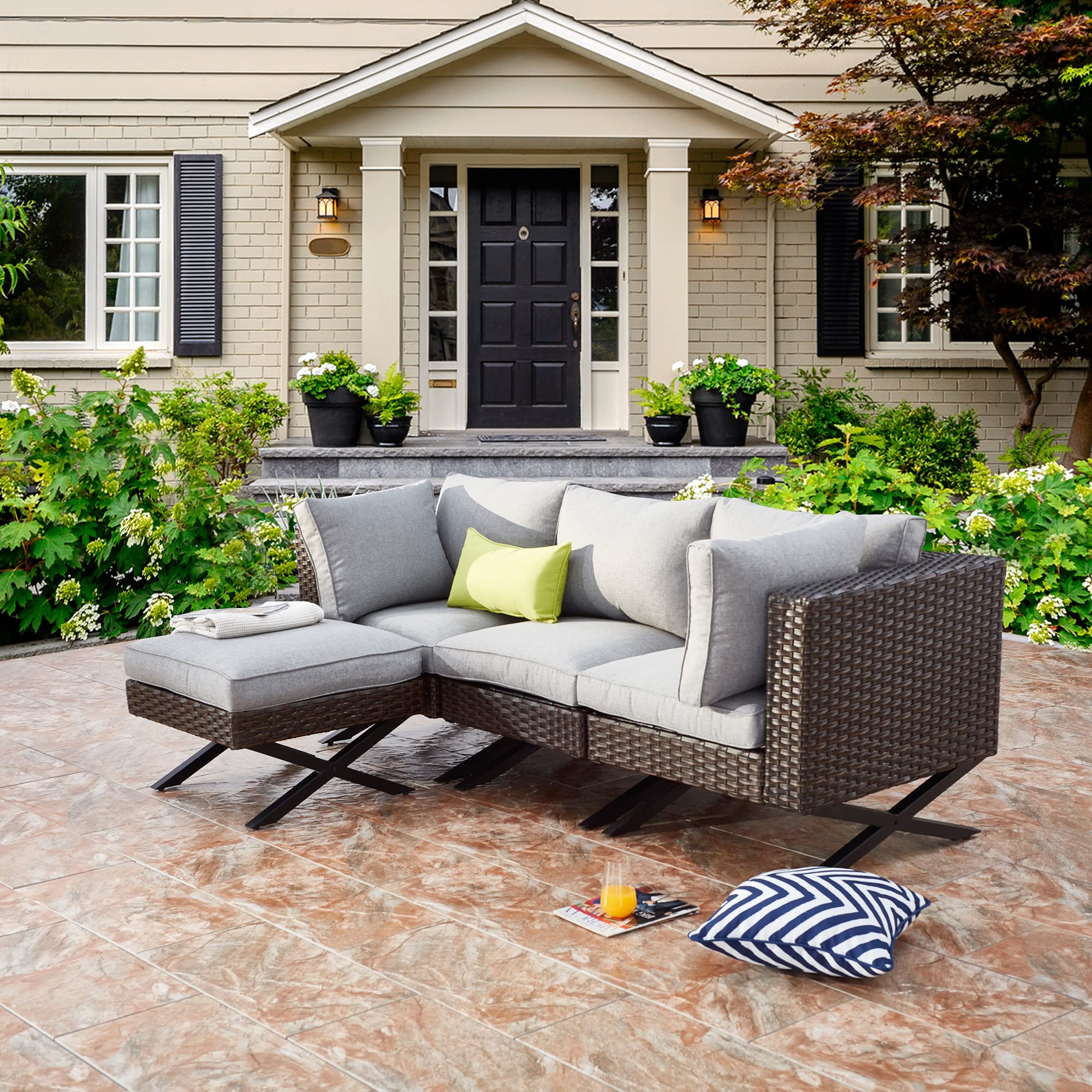 LOKATSE HOME Rattan Corner Sofa with X-Shape Legs & Cushions - Outdoor Patio Furniture, Right-Arm Lounge Chair for Garden, Poolside, Backyard - Brown Wicker Seating for Relaxing & Entertaining