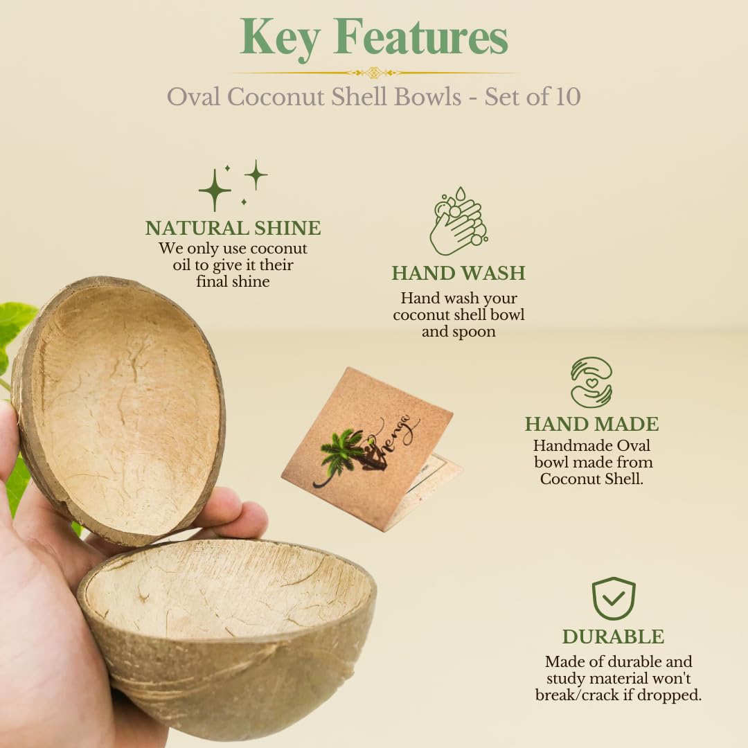 Organic Coconut Shell Bowls Set of 10 - 150ml Natural Oval Serving Dishes for Ice Cream, Snacks, Fruits, Salads | Eco-Friendly Partyware & Catering Supplies for Weddings, Picnics, Home Decor